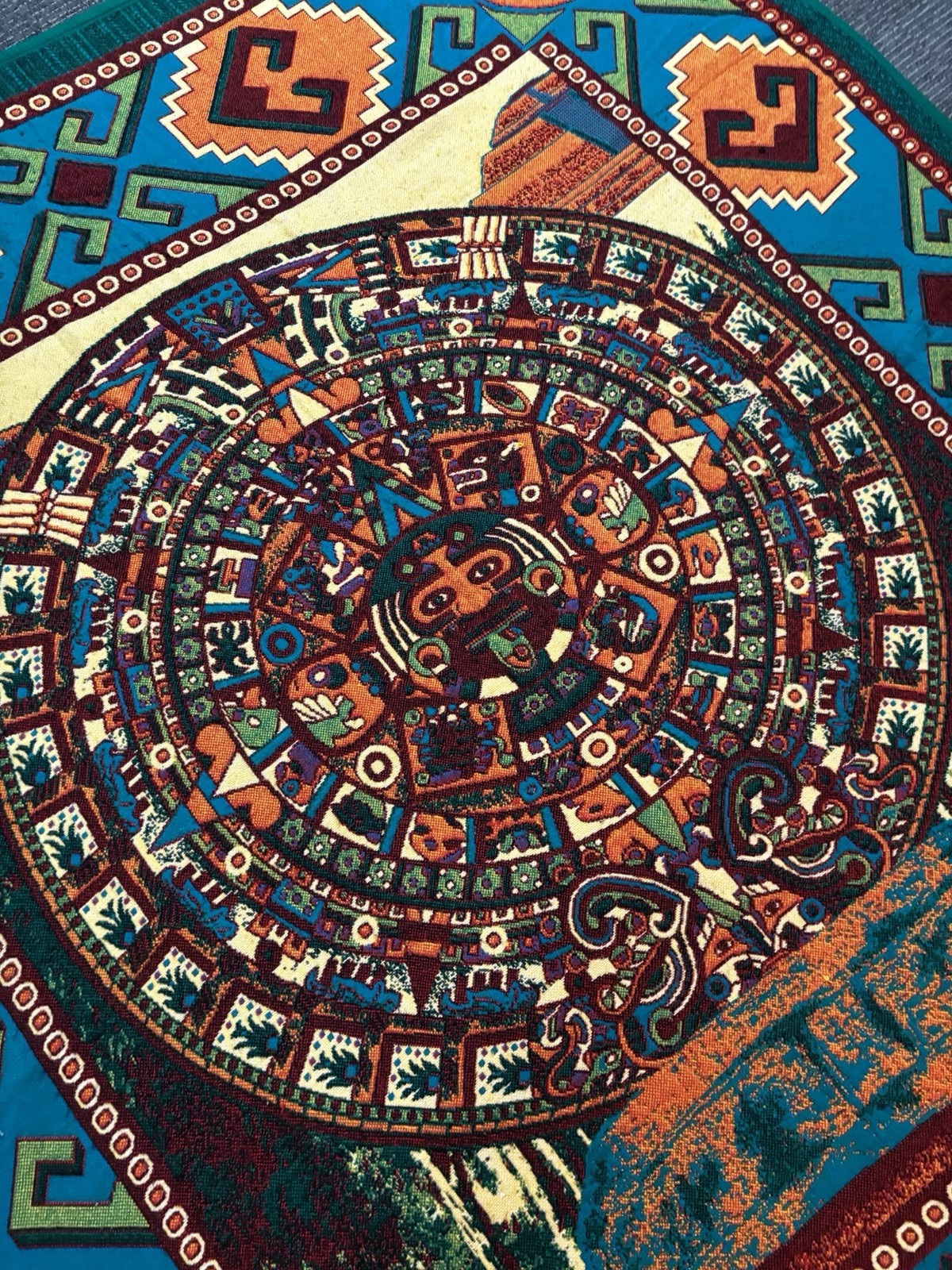 Vtg Monarca Mexico Aztec Sun Stone Calendar Blanket Tapestry Blue Queen/King