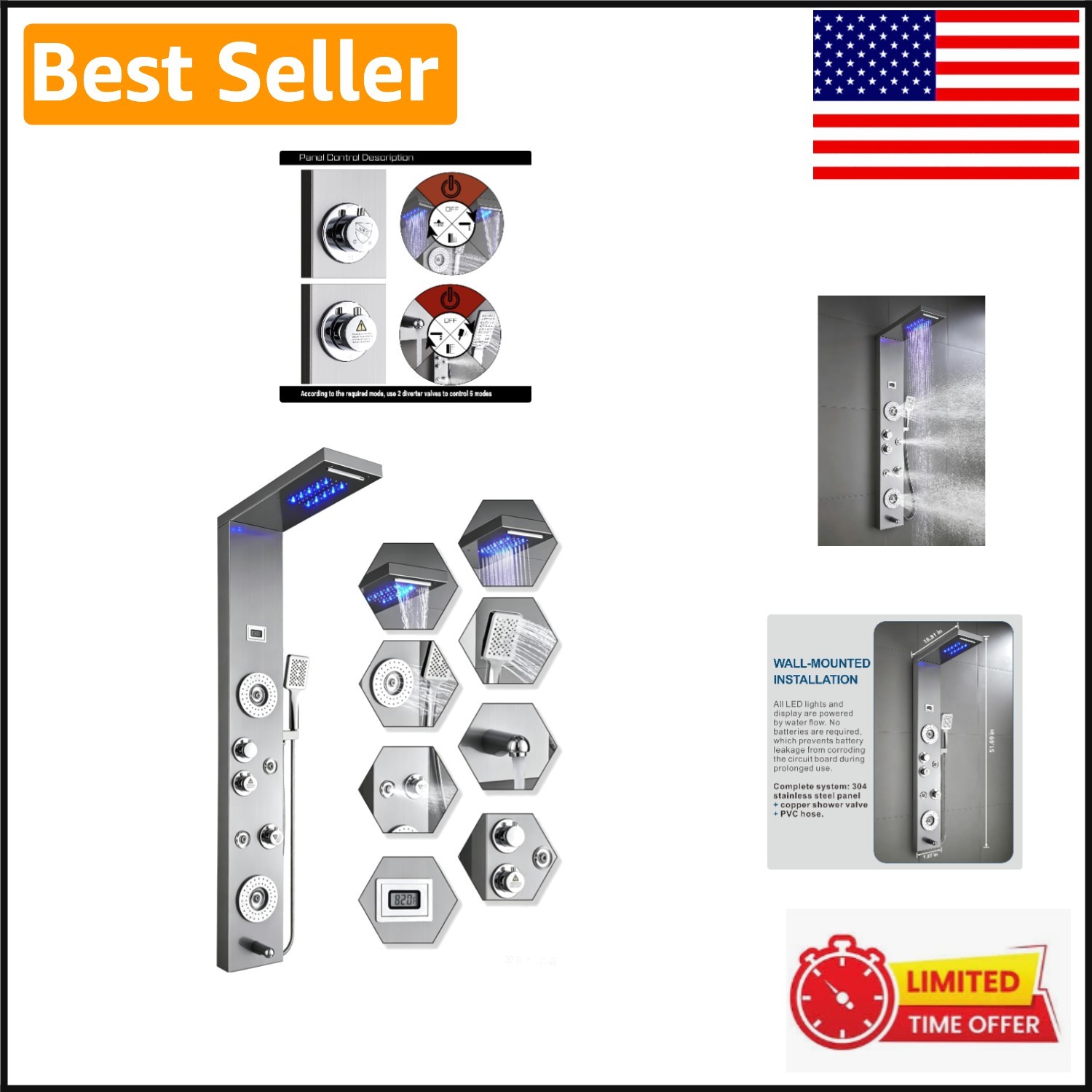 Luxury Stainless Steel Shower Panel with LED Rainfall & 6 Functions – Brushed…