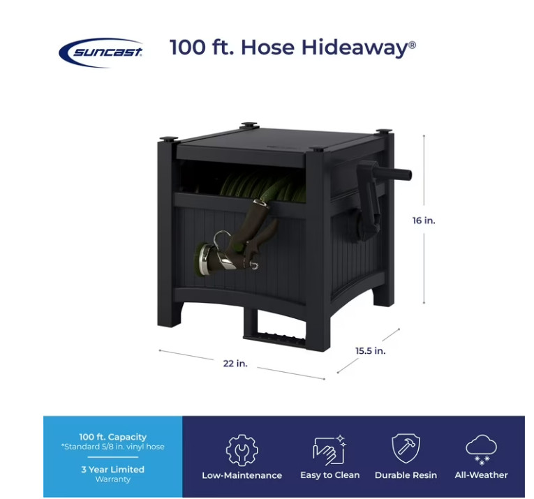 Suncast 100FT Hose Hideaway Durable Resin Hose Reel Storage