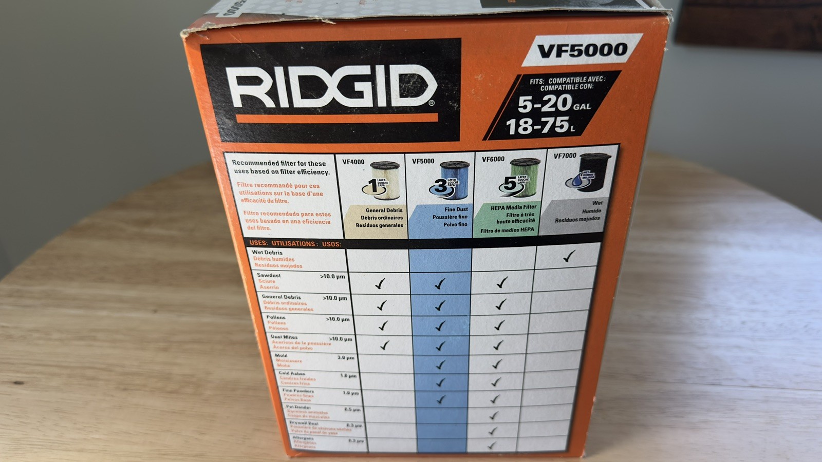 Ridgid Genuine VF5000 Fine Dust Wet/Dry Vac Filter 3-Layer 5-20gal OEM