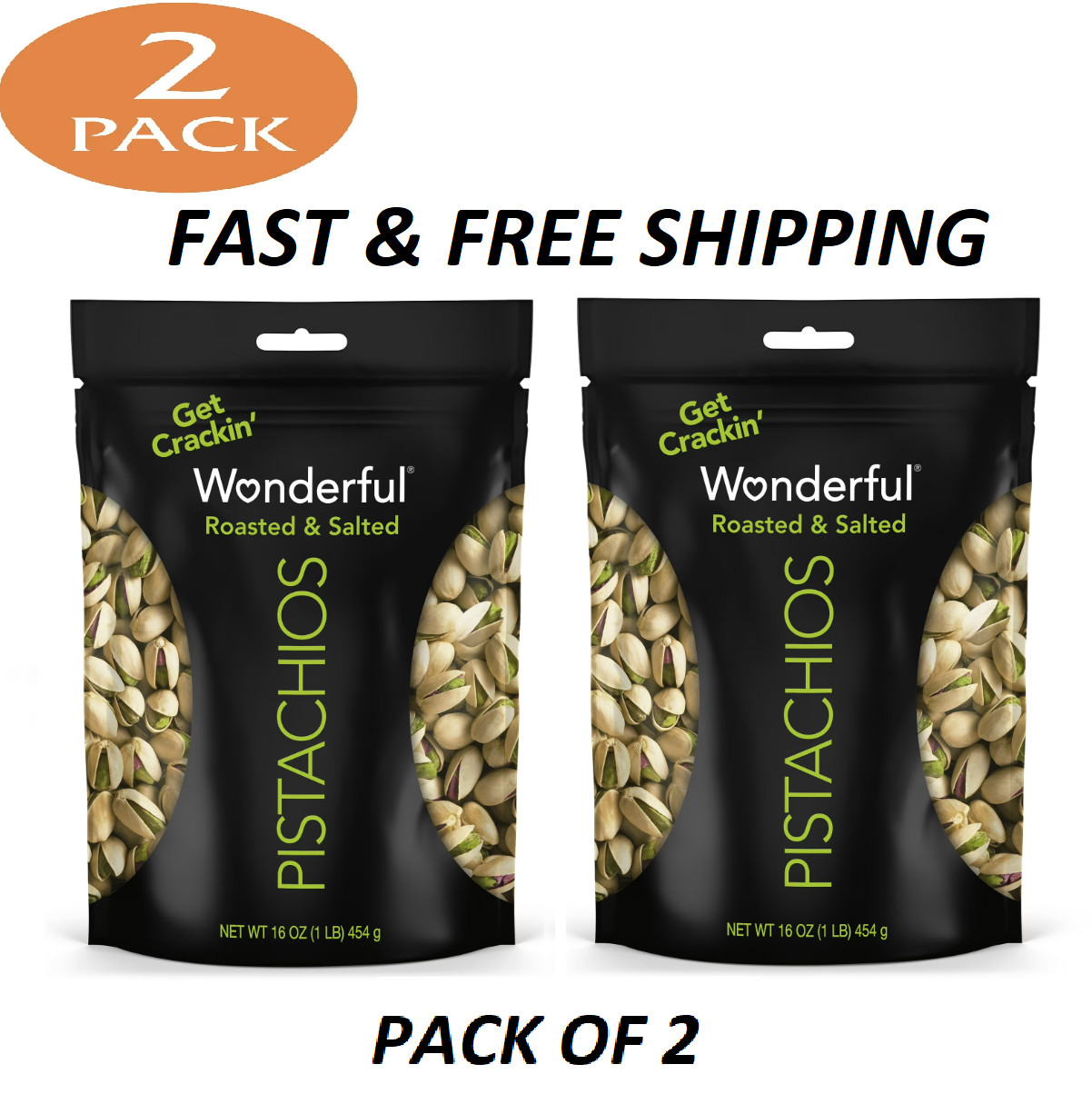 Wonderful Pistachios, In-Shell Roasted & Salted Nuts, 16 Ounce Bag (Pack of 2)