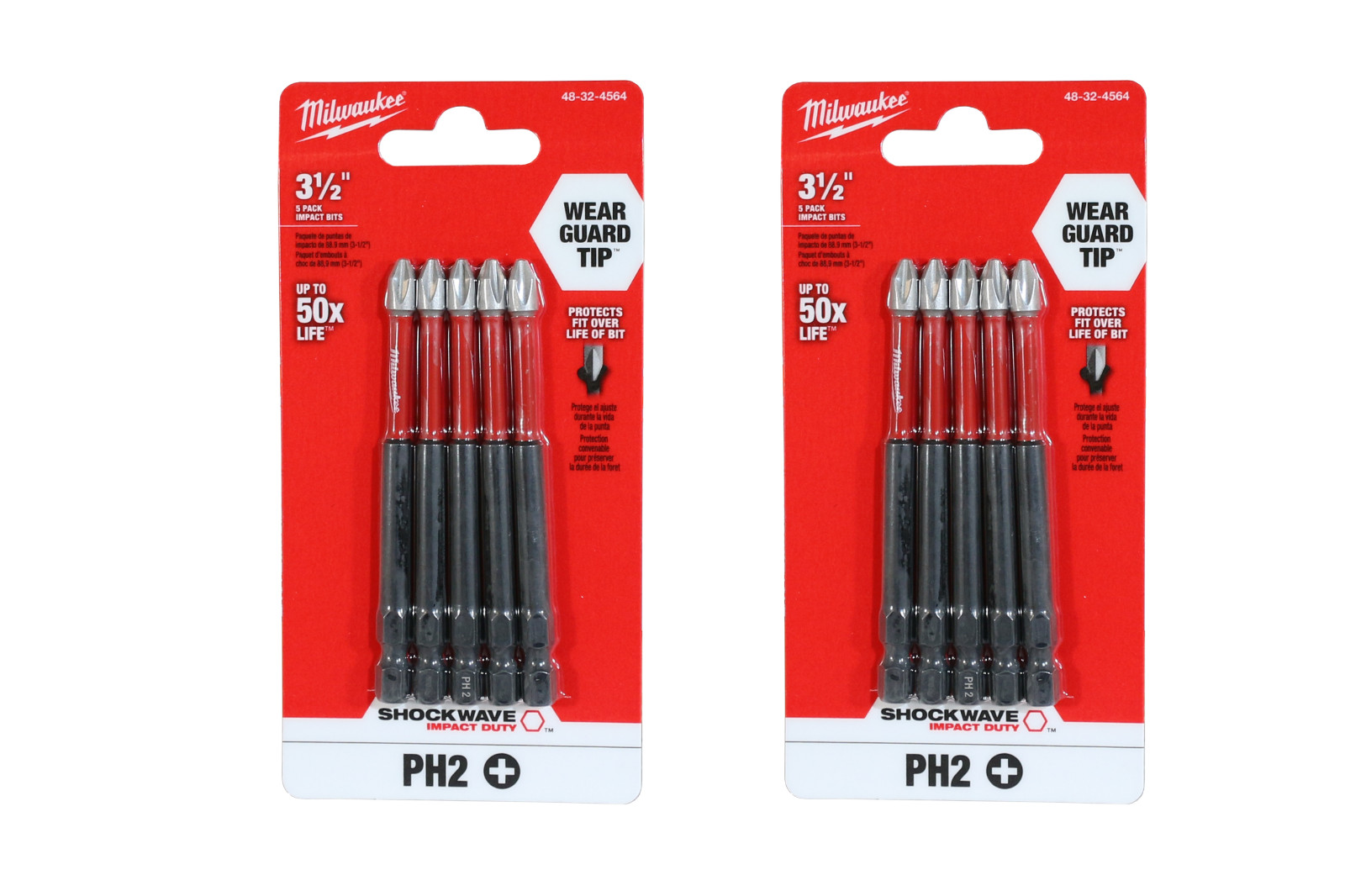 Milwaukee Shockwave 3-1/2″ Phillips Power Bits- 2 Packs of 5 (48-32-4564)_NEW