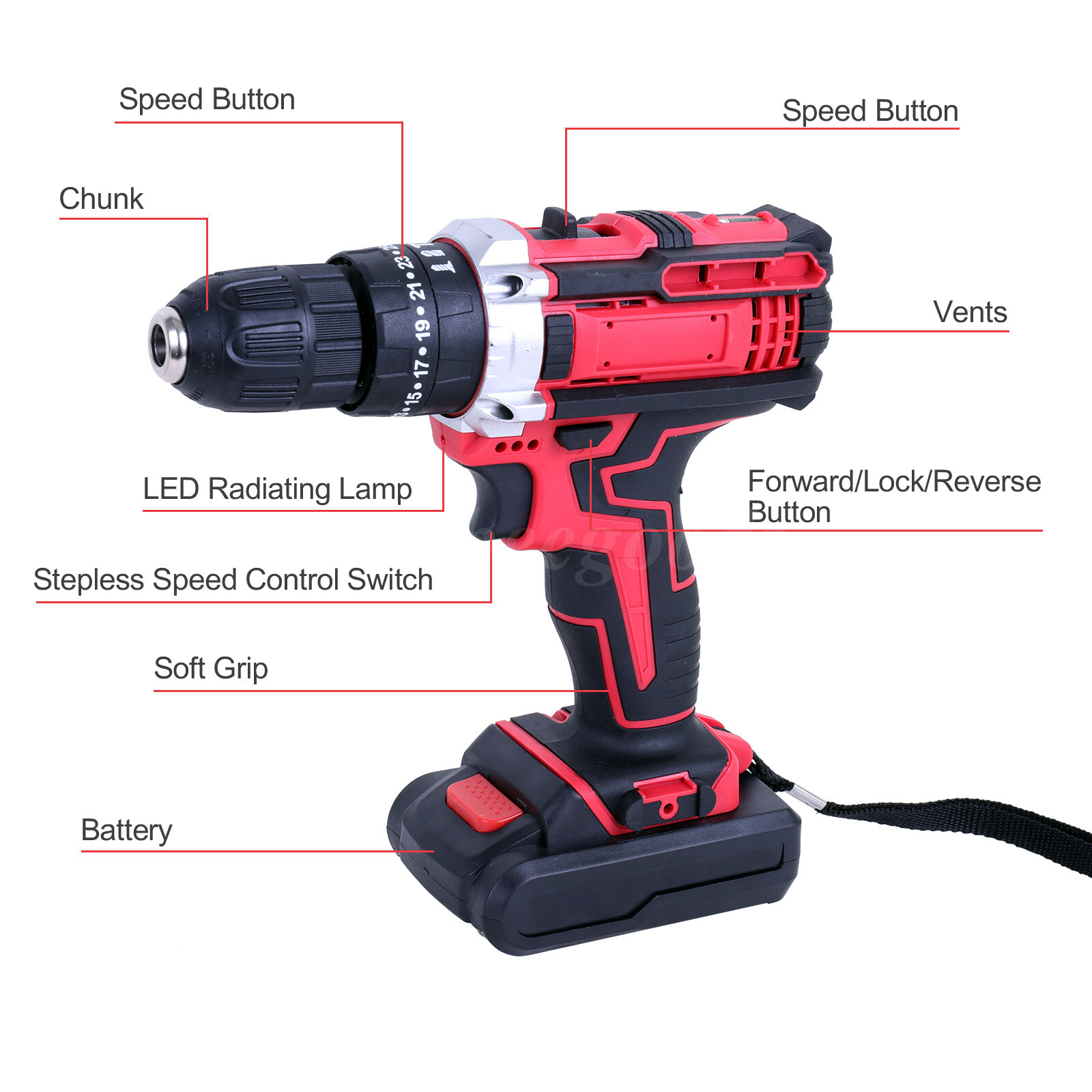 21V Electric Drill 3/8″ Power Cordless Screwdriver Drill Set with 2 Battery Kit