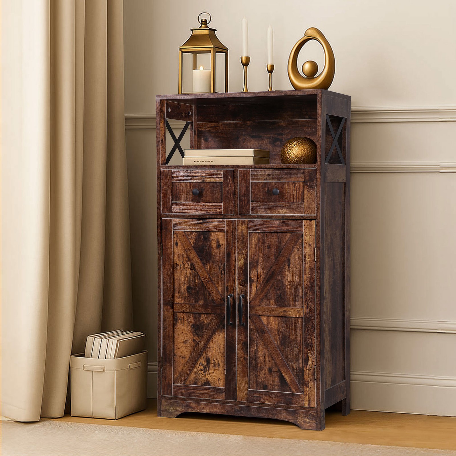 Brown Storage Cabinet with Doors & Drawers Freestanding Kitchen Pantry Cabinet