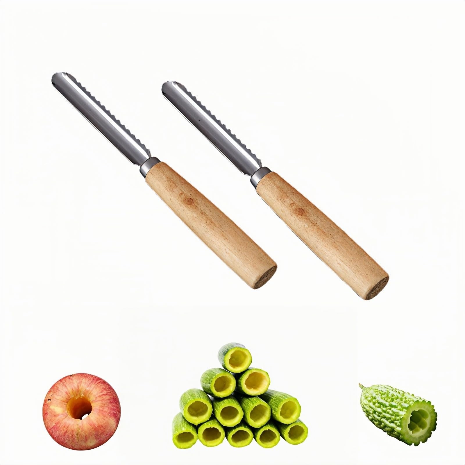 2-Pack Vegetable Corer Tool – 8″ Stainless Steel Silver And Natural Wood