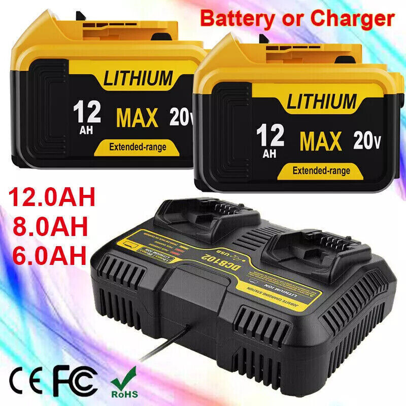 20 Volt for DeWalt 20V Max 12.0AH 8.0AH Lithium Ion Battery/Charger DCB206-2 US