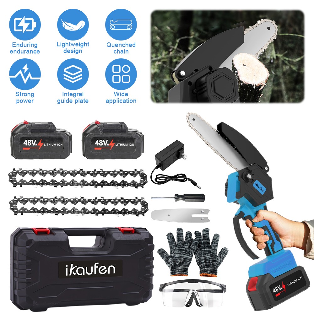 Mini Electric Chainsaw 8 Inch Cordless Handheld Pruning Saw 2 Battery Kit A07