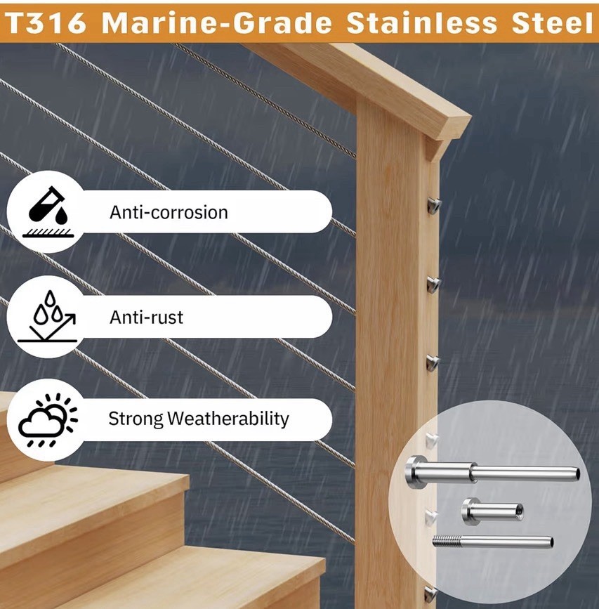 Invisible Cable Railing Kit – 20 Pack 1/8″ T316 Stainless Steel Invisible Receiv