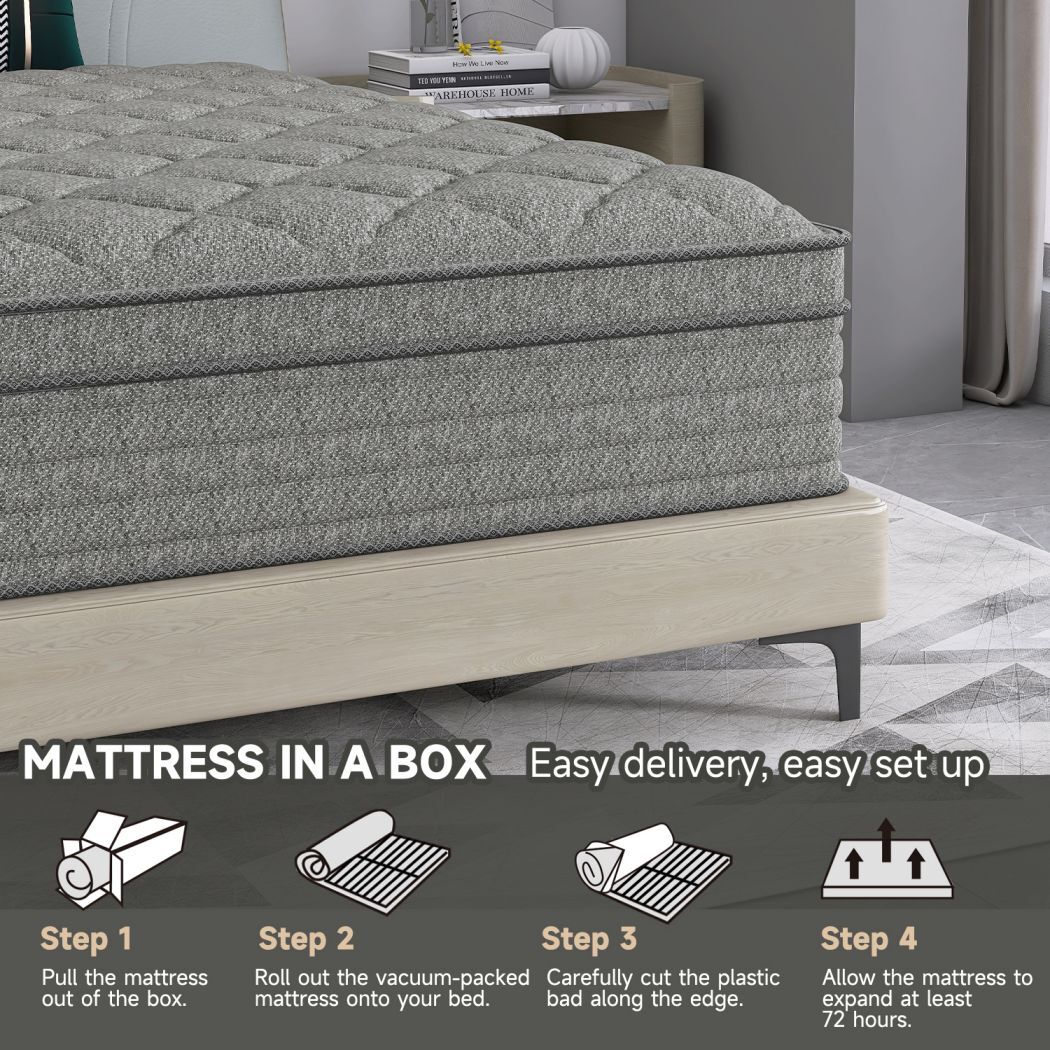 12″ 14″ Twin Full Queen King Size Mattress in a Box Memory Foam Spring Gray Bed