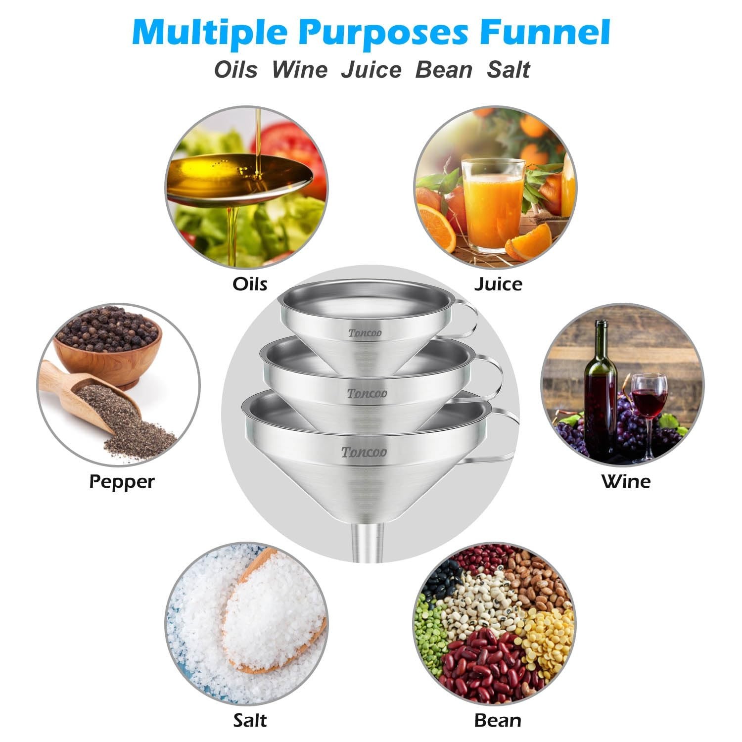 3 Pack Stainless Steel Funnels for Kitchen Use, Food Grade Cooking Funnel wit…