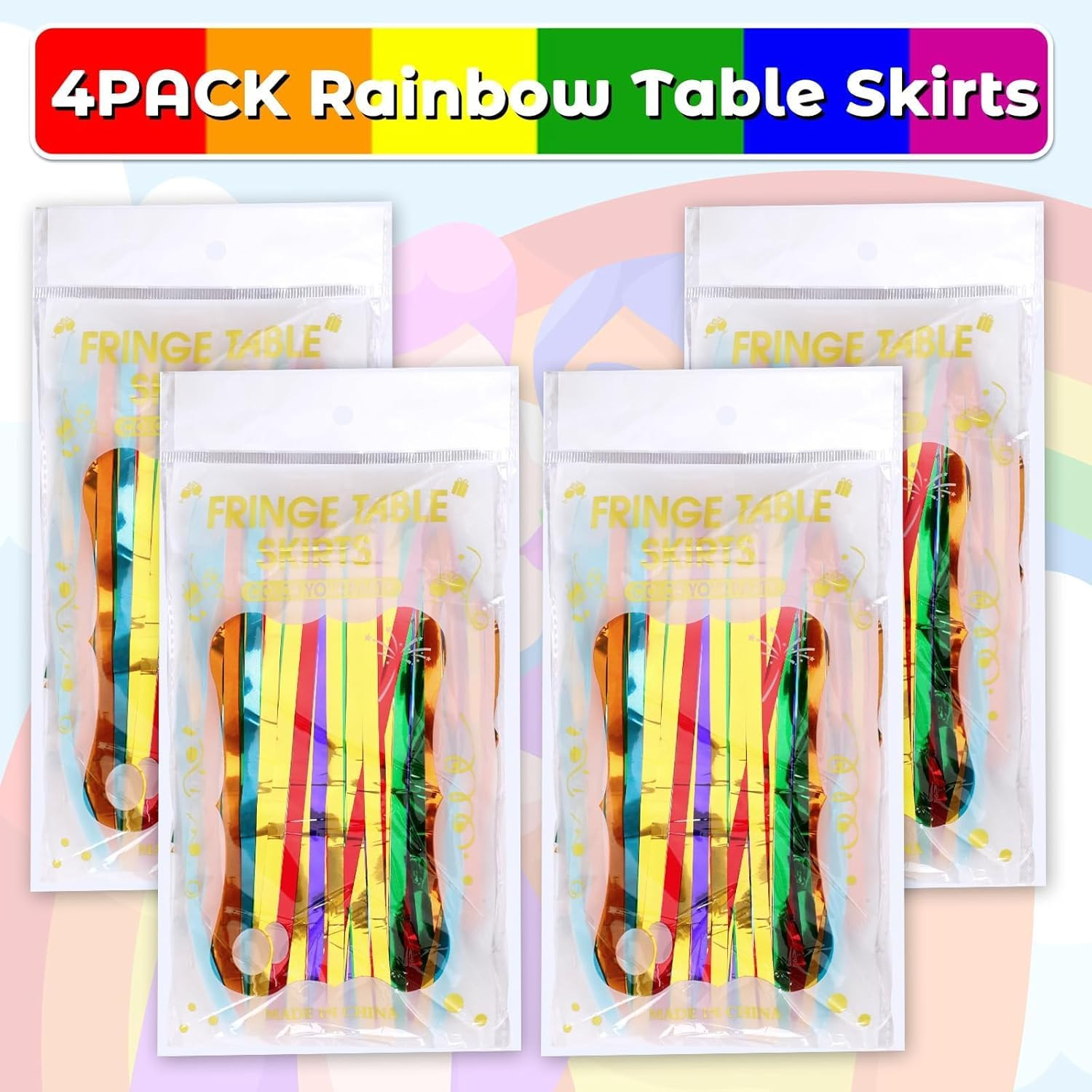 4 Pack Pride Rainbow Table Skirts, 30X108 Inch Metallic Foil Fringe Table Skirts