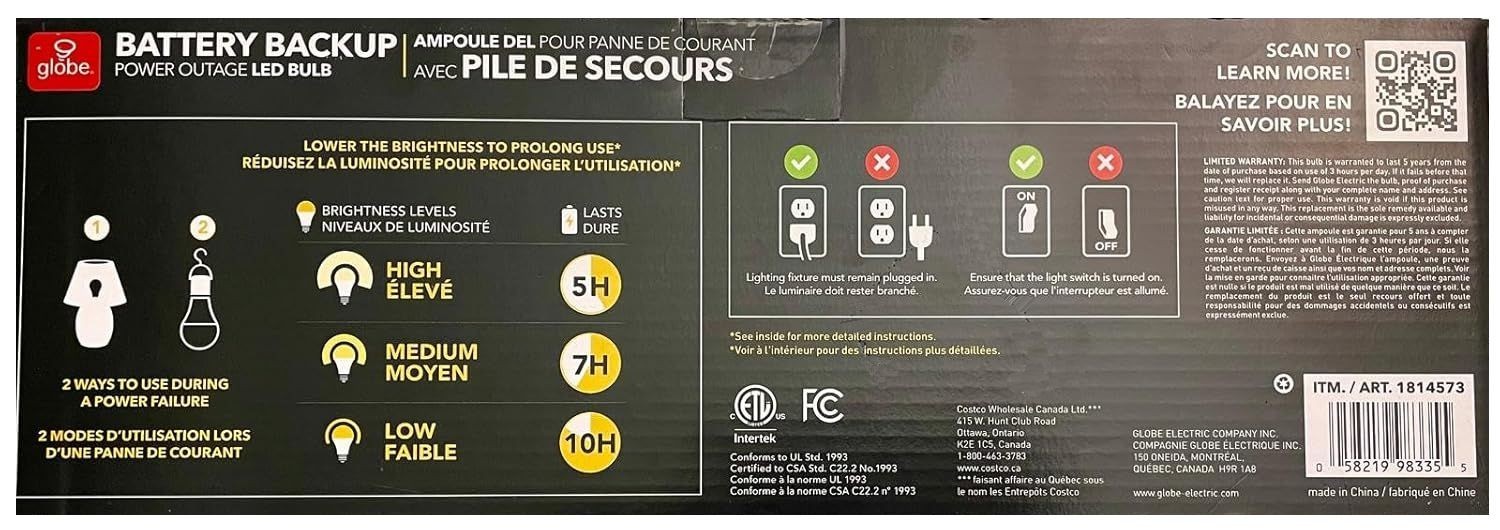 Globe Power Reserve Battery Backup Bulb Power Failure Bulb 6Pk 800lm 60W 10Hrs