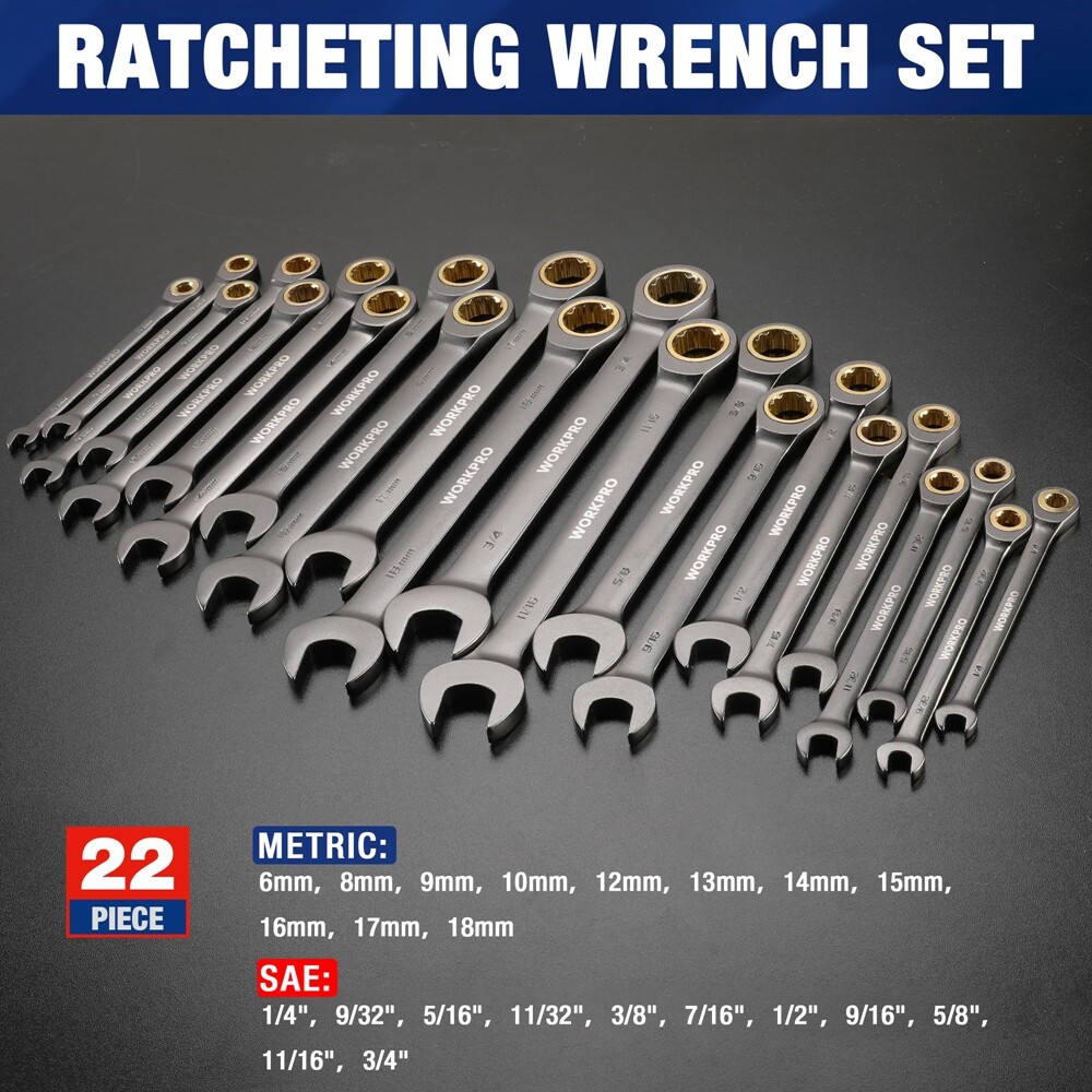 WORKPRO 22PC Ratcheting Wrench Set Metric 6-18mm&SAE 1/4-3/4″ Combination Wrench