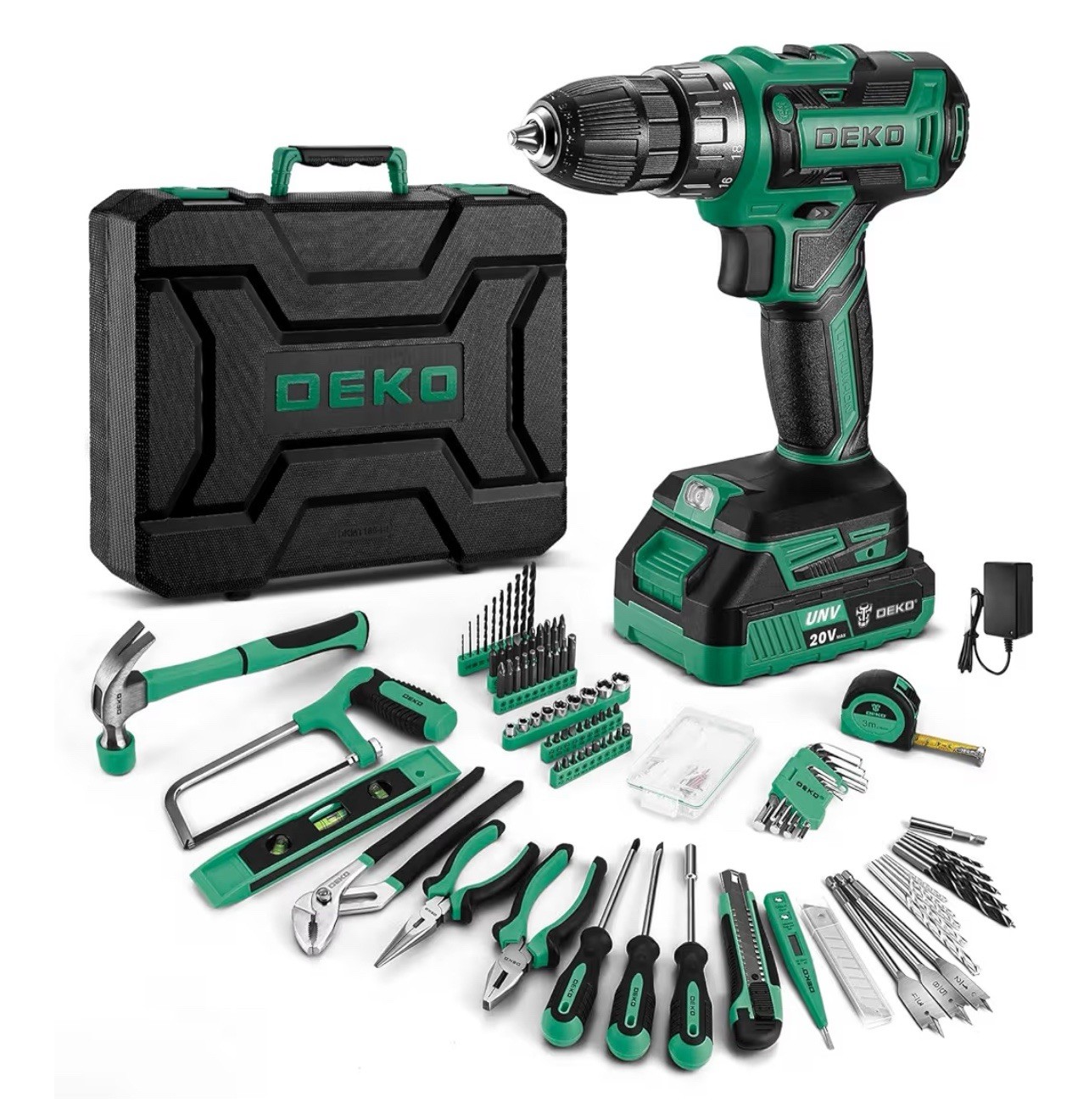 Green Drill Tool Kit Set:20V Cordless Power Drill Tool Box with Battery Electric
