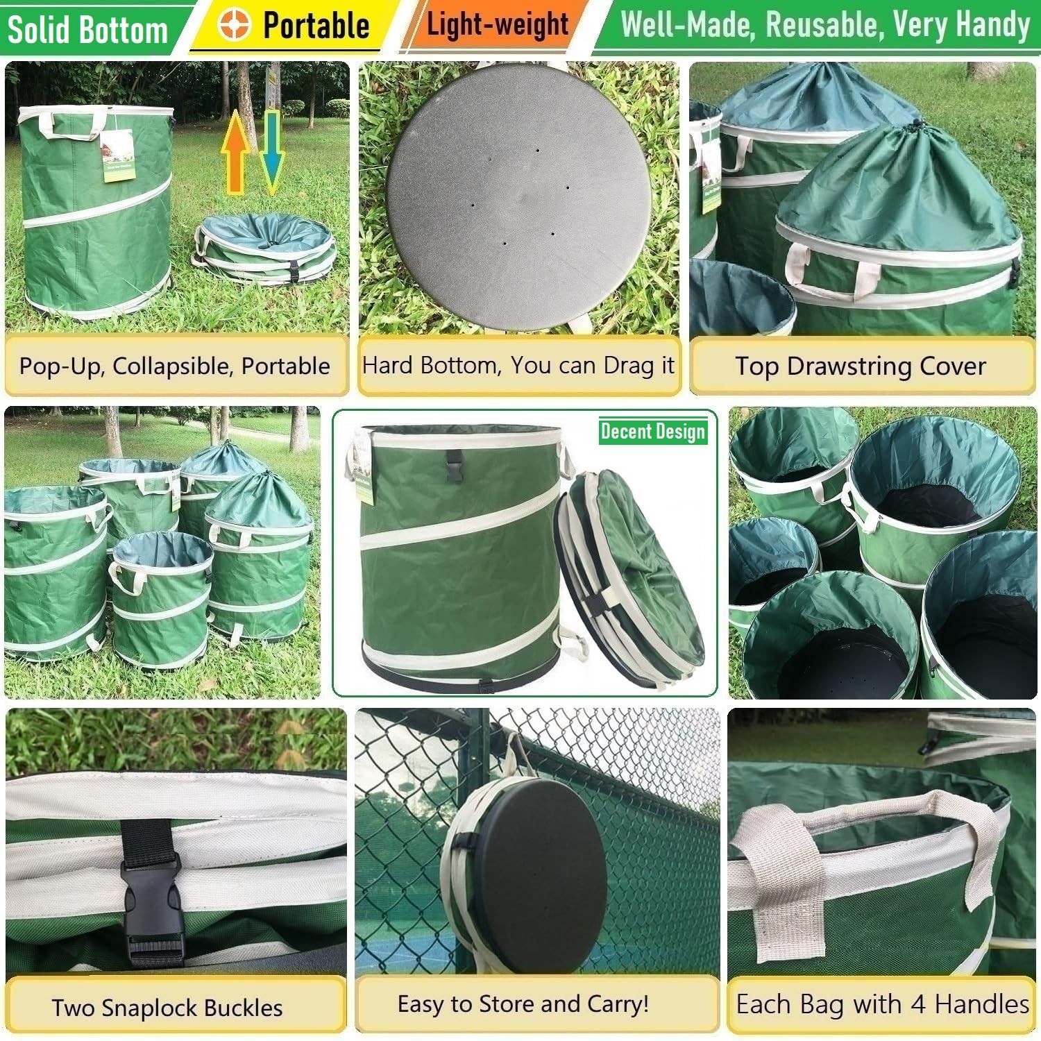 46-Gallon Collapsible Trash Can (22×28 in) Hard-Shell Bottom Yard Garden Bag,…