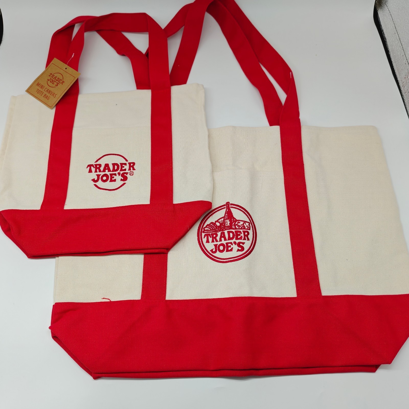 TRADER JOE’S MINI AND LARGE CANVAS BAG HEAVY COTTON REUS SHOPPING BAG RED