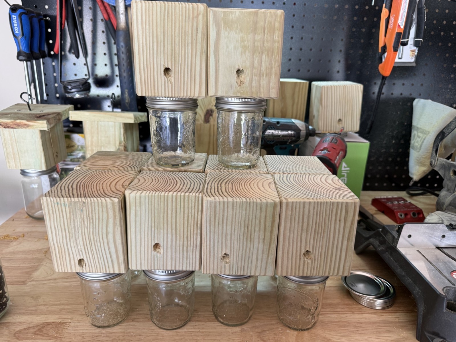 Set Of 2 Handmade Soft Pine Carpenter Bee Traps W/ Jars & Hooks- Free Shipping!
