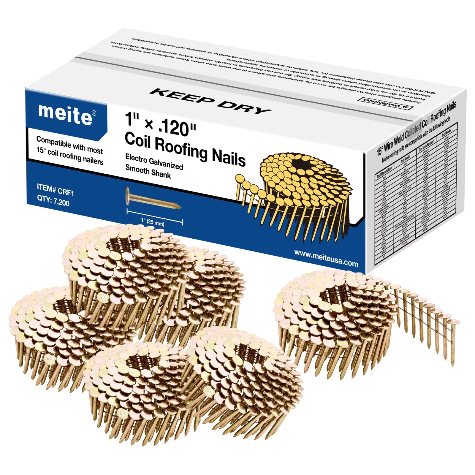 2,880 Counts meite 15 Degree Coil Roofing Nails 1″ to 1-3/4″ Length Round Head