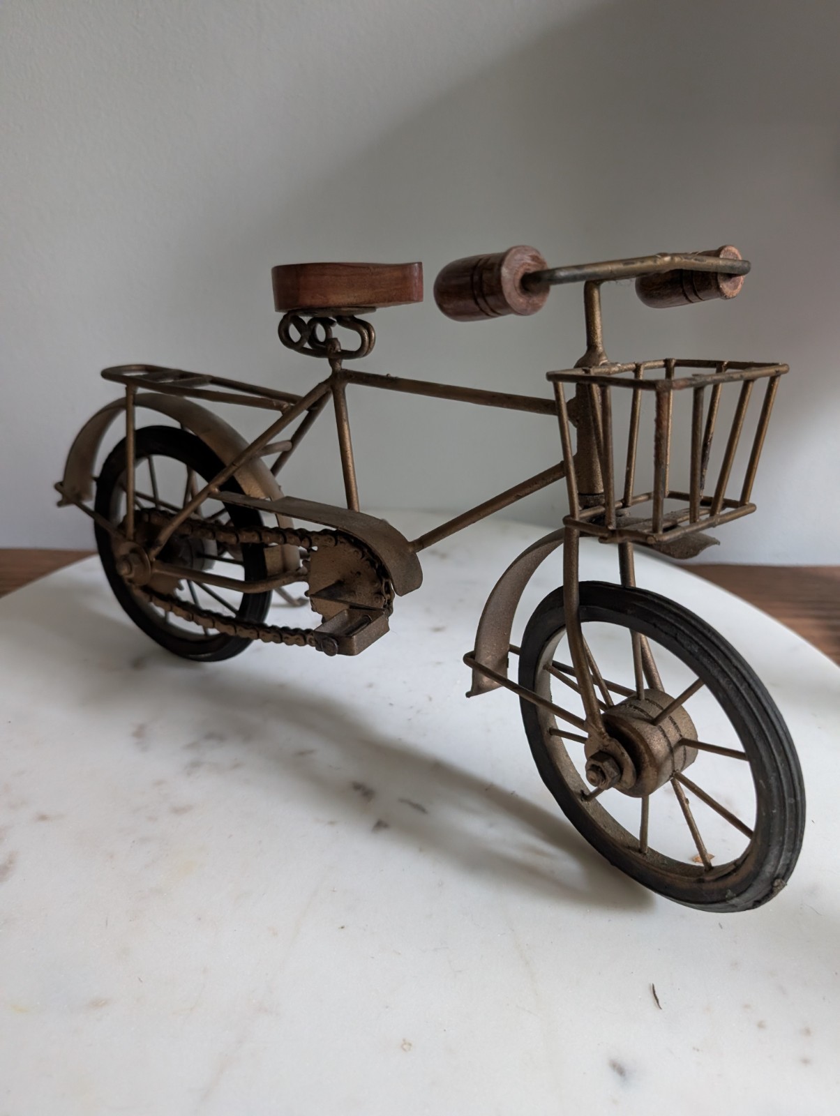 Miniature Metal Bicycle Sculpture Rustic Cottage Decor Wood Seat Basket Display
