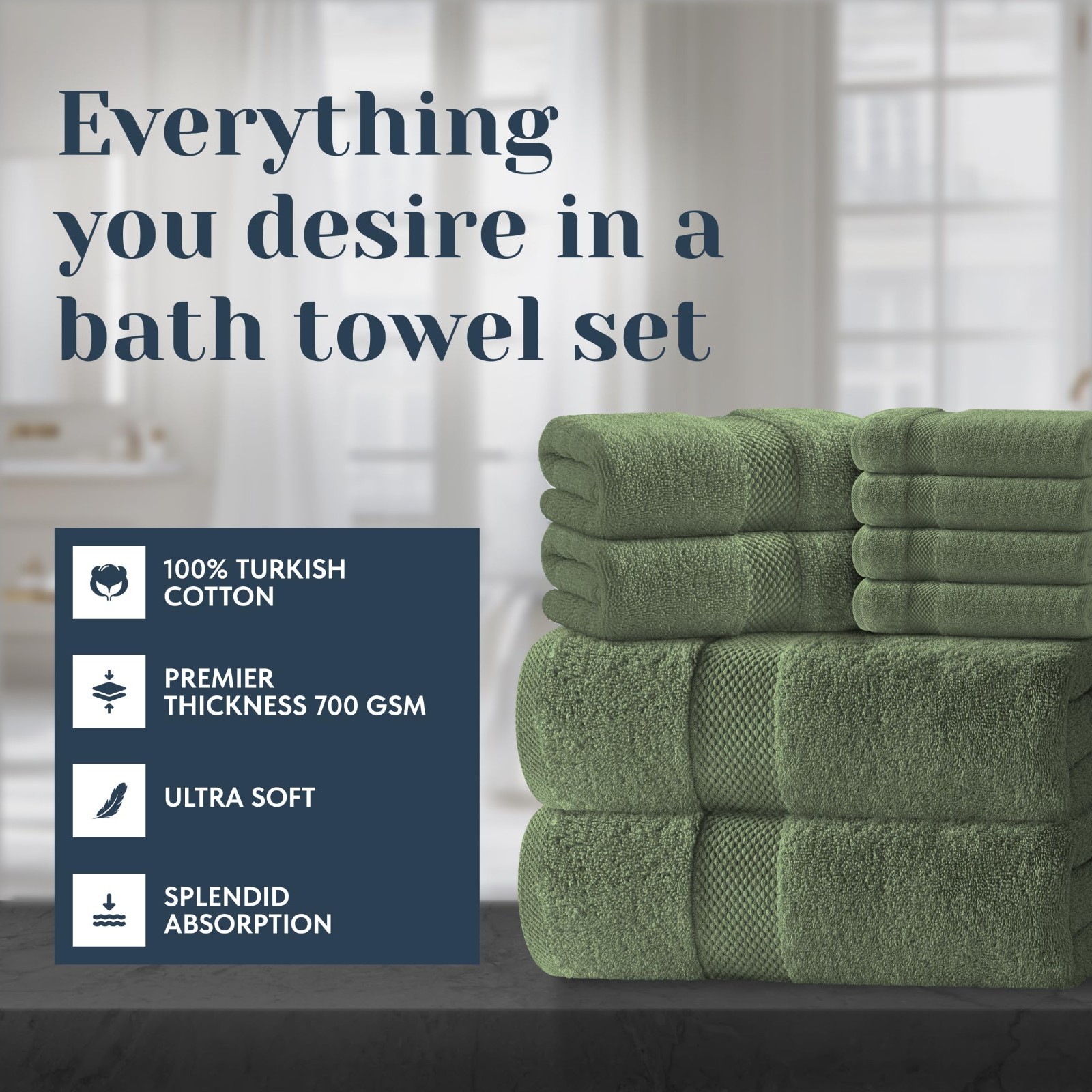 Luxury Sage Bath Towel Set – Hotel Soft Cotton 2/Bath 2/Hand 4/Wash – 8 Piece