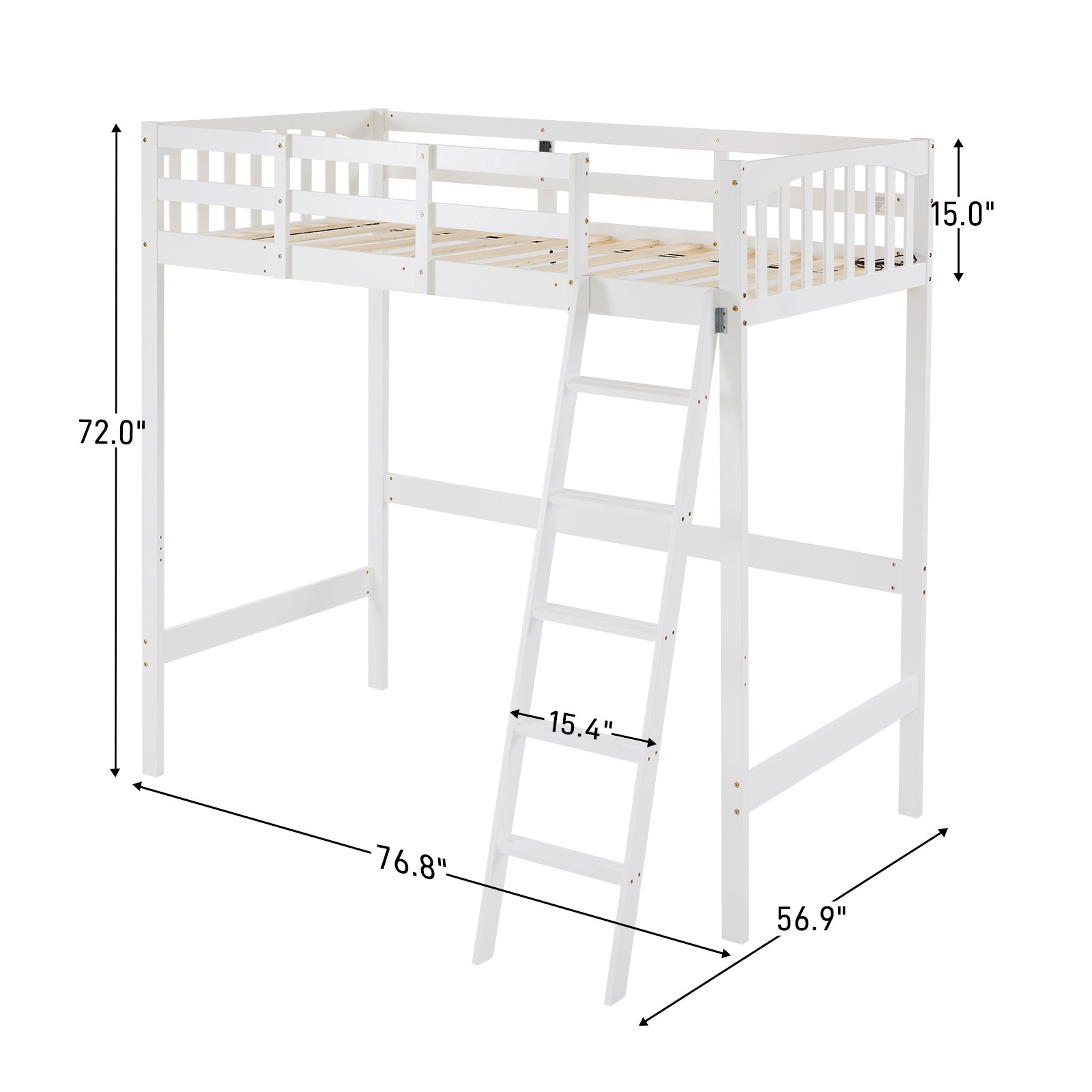 Wood Loft Bed Twin Size with RGB LED 2 Charging Station for Adults Kids Teens