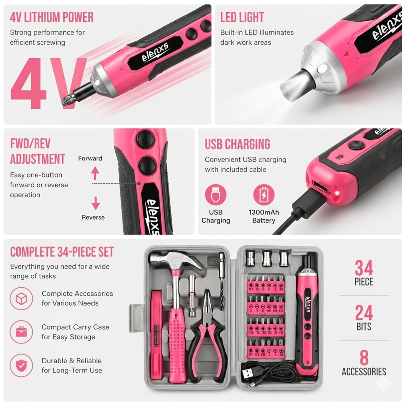 New 4V Cordless Electric Screwdriver 1300mAh USB Rechargeable Free Shipping
