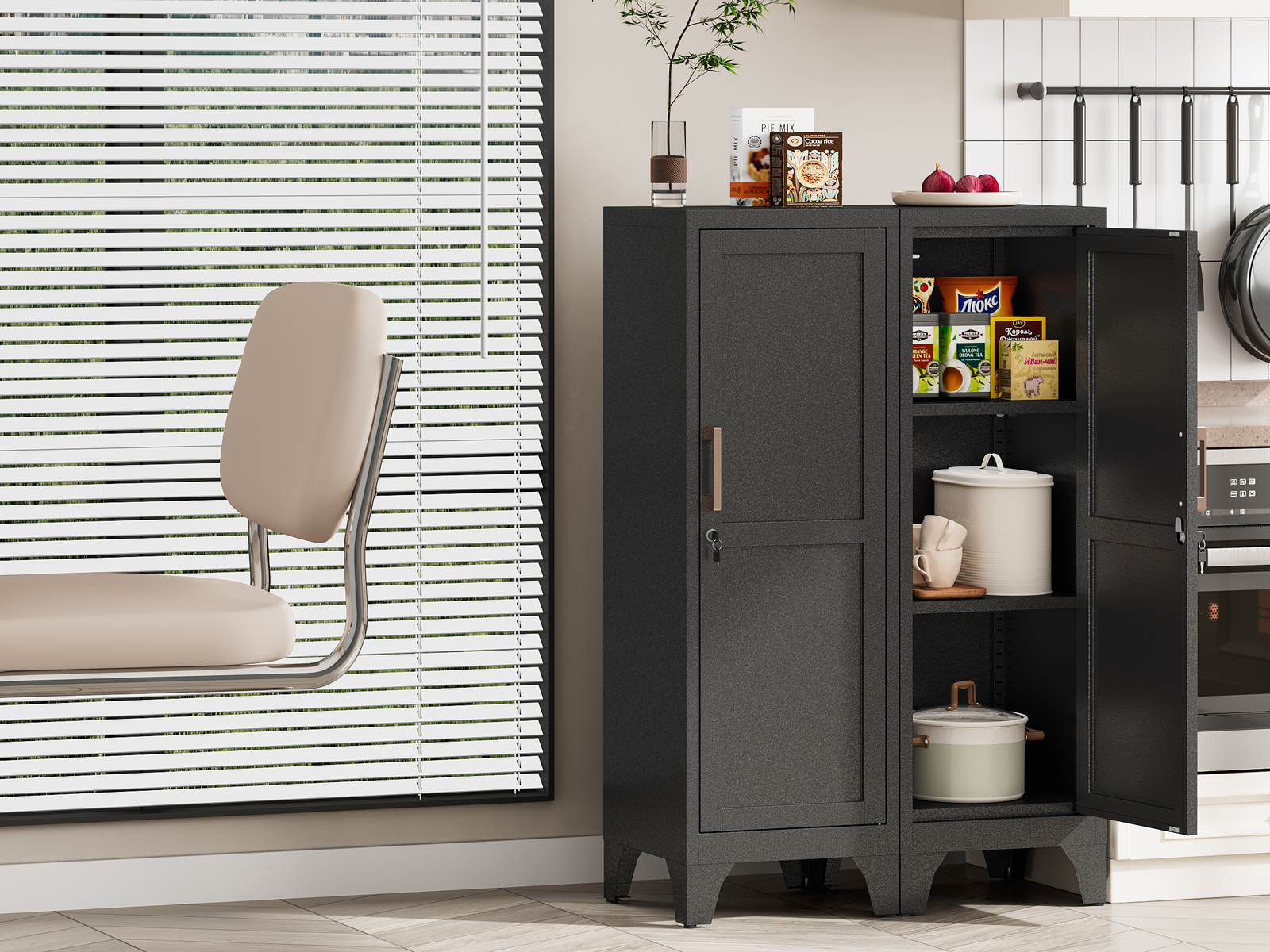 Kitchen Pantry Storage Cabinet, Lockable Metal Cabinet with Shelves Storage Unit