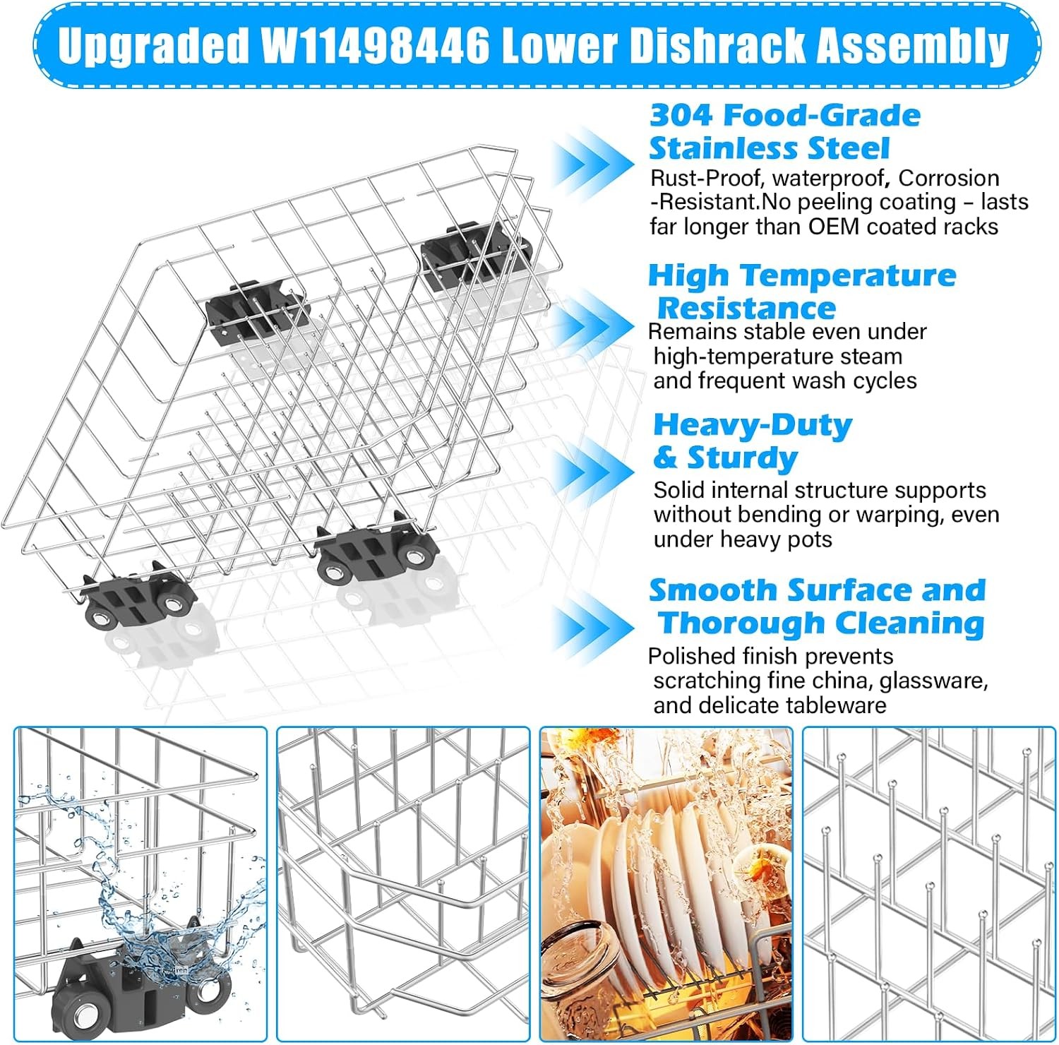 304 Stainless Steel W11498446 Dishwasher Lower Dishrack For Whirlpool WD28X10309