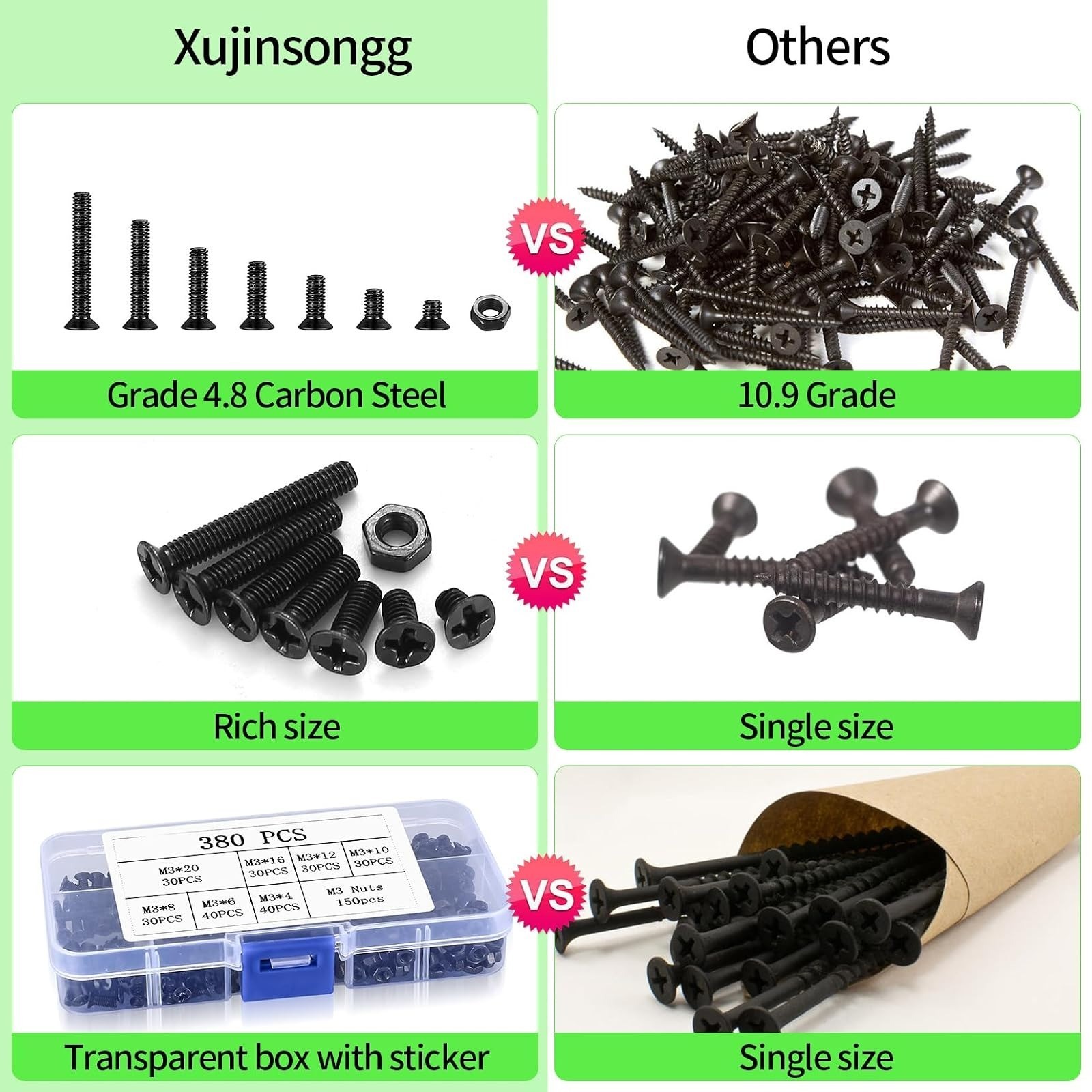 M3 Flat Head Machine Screws & Hex Nuts Kit, 380 Pcs, Black Phillips