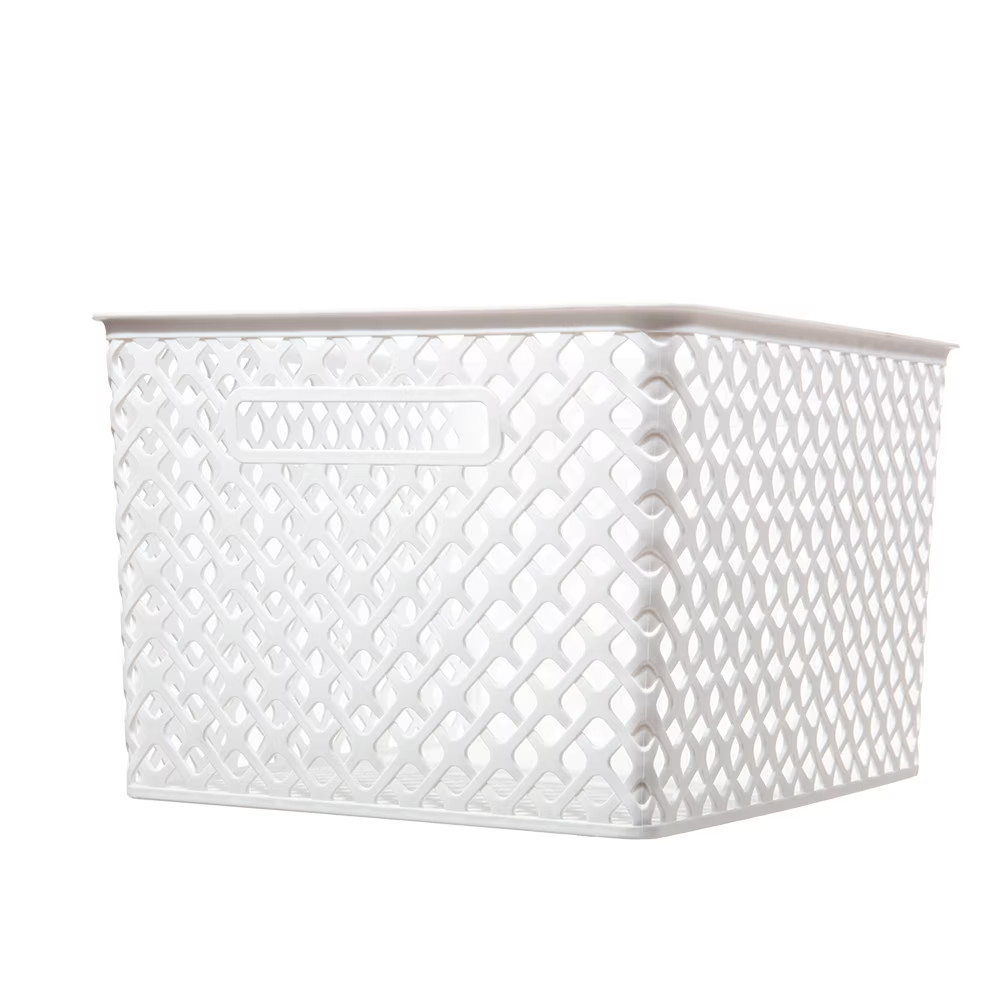 Large White Decorative Plastic Storage Basket, 14.7 in x 12 in x 8.5 in