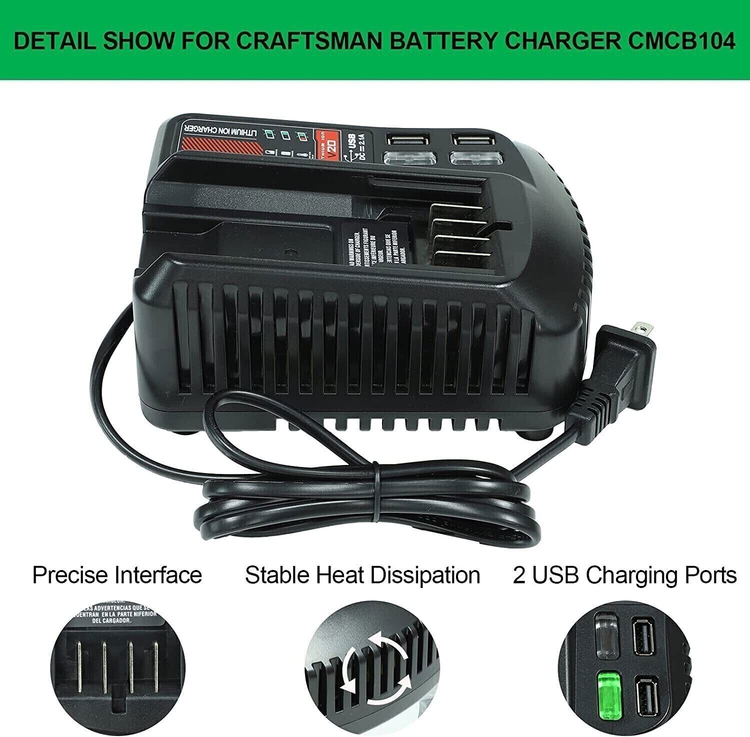 V20 20V Charger For Craftsman Lithium-ion Battery for CMCB201 CMCB202 CMCB203 US