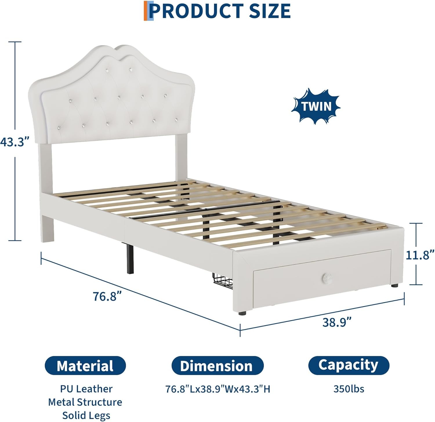 Twin Size Upholstered Bed Frame w/ Storage Drawer & LED Headboard for Kids/Girls