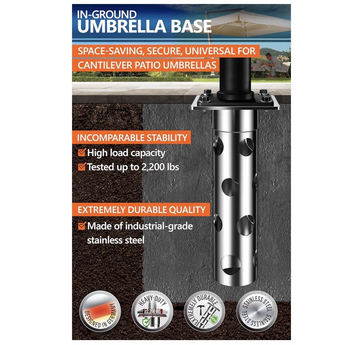 4smile In-ground Umbrella Holder Stand Stainless Steel Outdoor Base 2200lbs Load