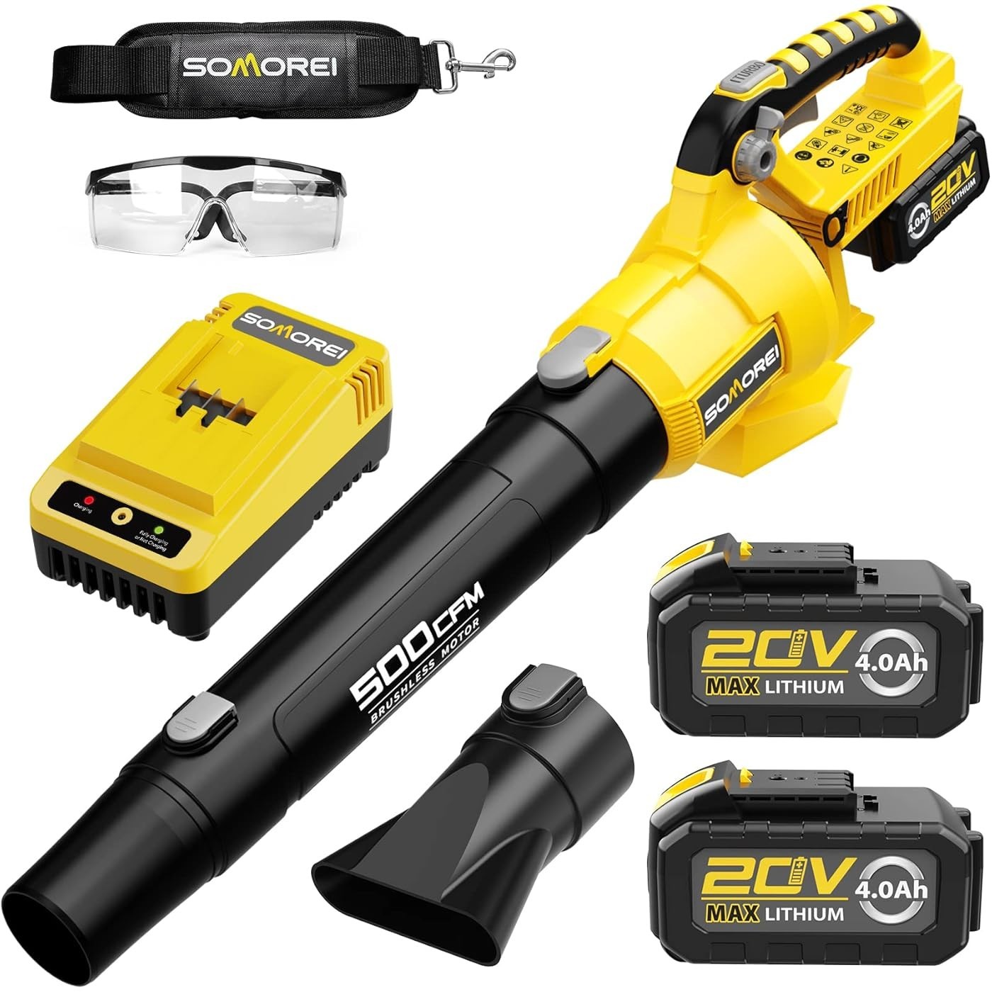 SOMOREI Cordless Leaf Blower – 500 CFM Brushless Electric Blower with 2 Packs 4.