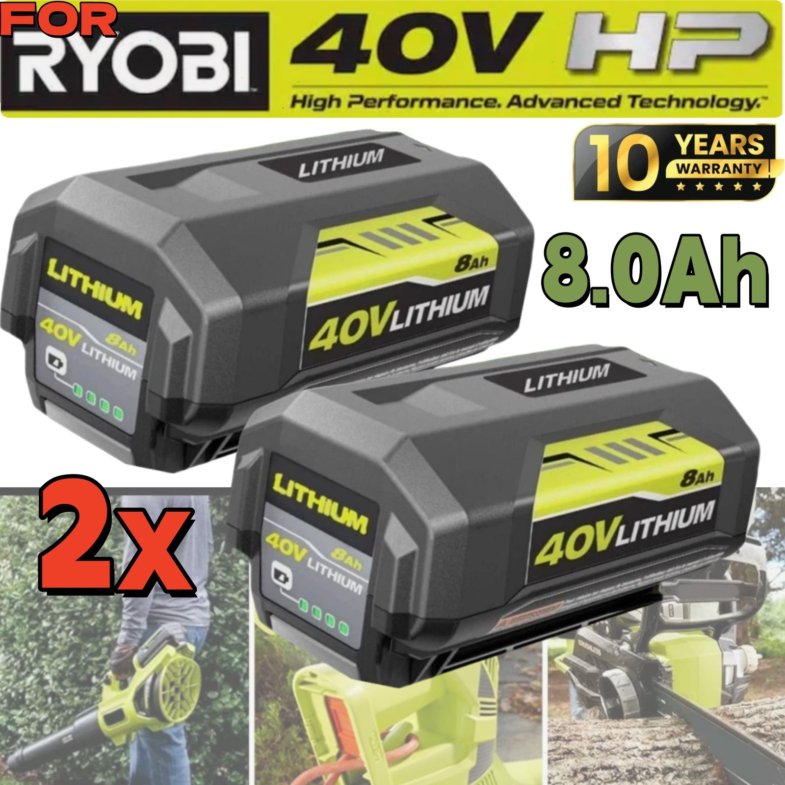 2pcs 8.0Ah Battery 40 Volt for Ryobi 40V Lithium OP40602 Battery with LED