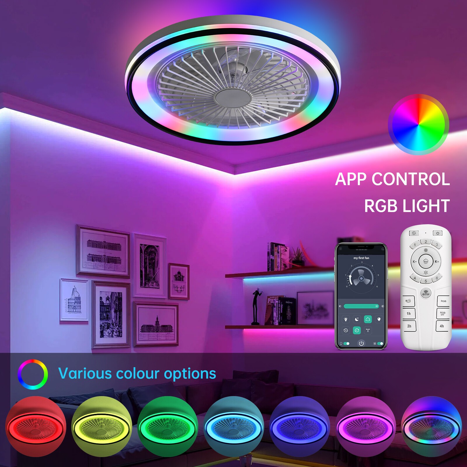 19in Flush Mount LED Ceiling Fan with RGB Light Remote & APP Control Fan Light