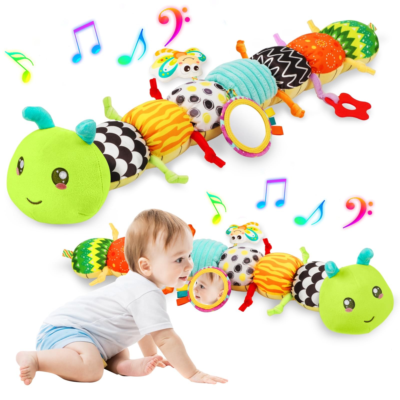 Baby Sensory Toys for 0-6 6-12 Months, Musical Stuffed Caterpillar Toy with Crin