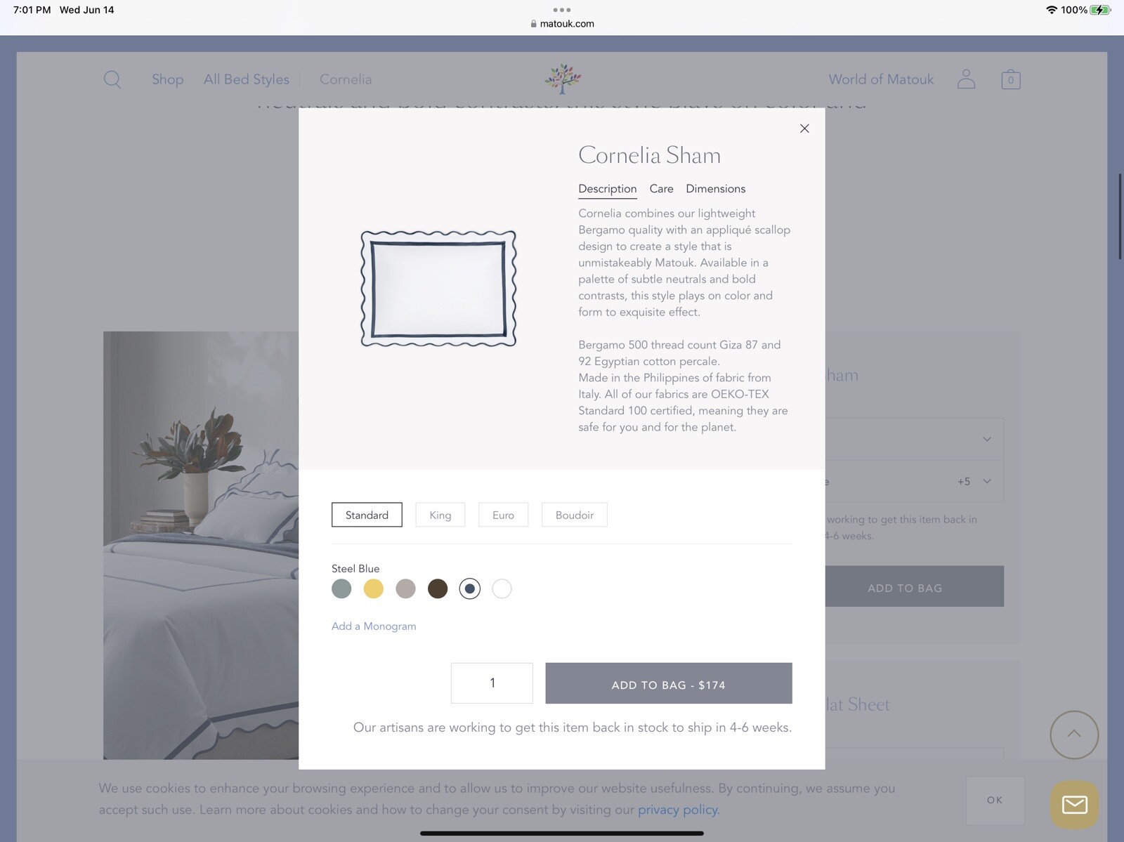$250 Matouk Italy New 1pc Standard Sham Giza- 87 Bergamo 100% Percale ONE