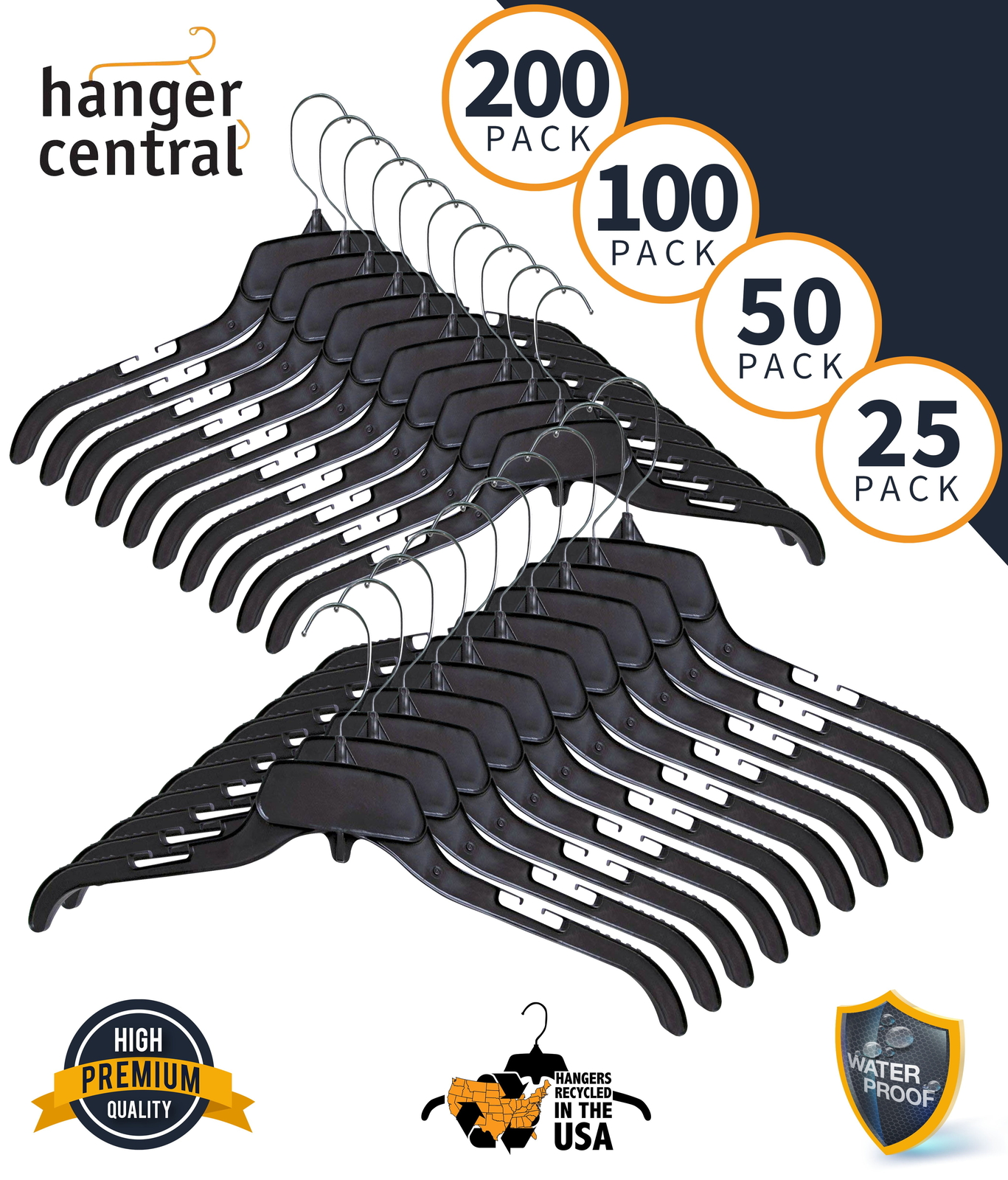 Black plastic hanger with polished metal swivel hook, 19 inches, 25 piece set