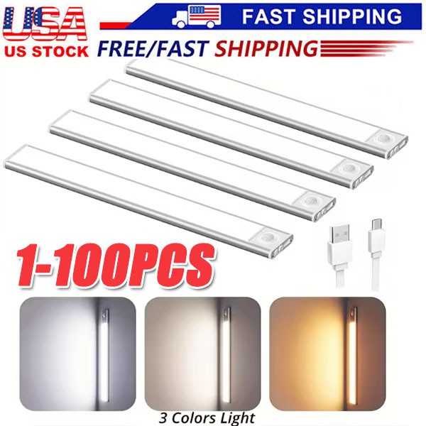LED Motion Sensor Under Cabinet Closet Light USB Rechargeable Kitchen Lamp Strip