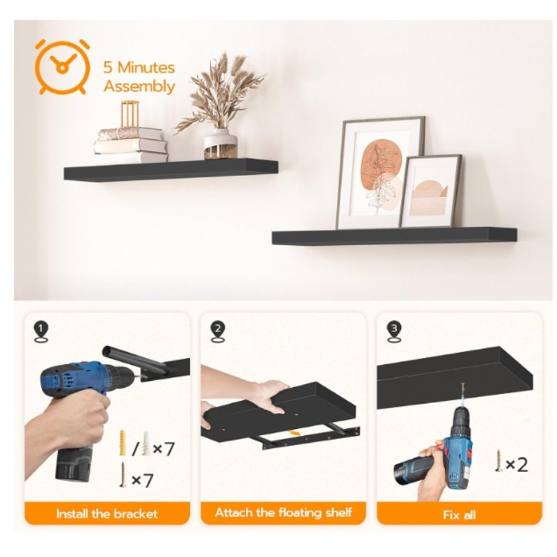 2-Pack Floating Wall Shelves Black 24x8x1.5″ Invisible Brackets, Modern Storage