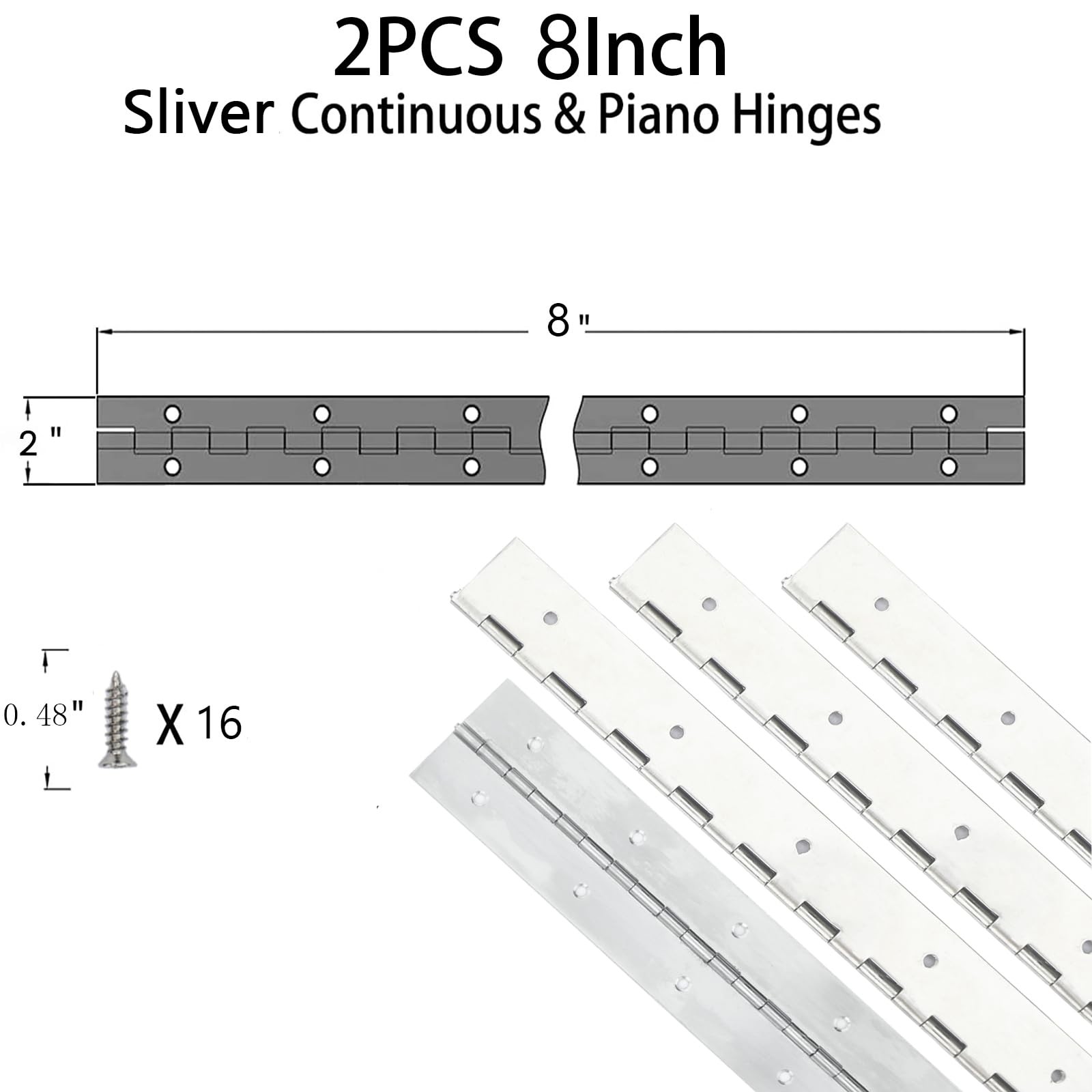 2PCS Silver 8Inch Heavy Duty Stainless Steel Piano Hinge,2″ Open Width Continuo
