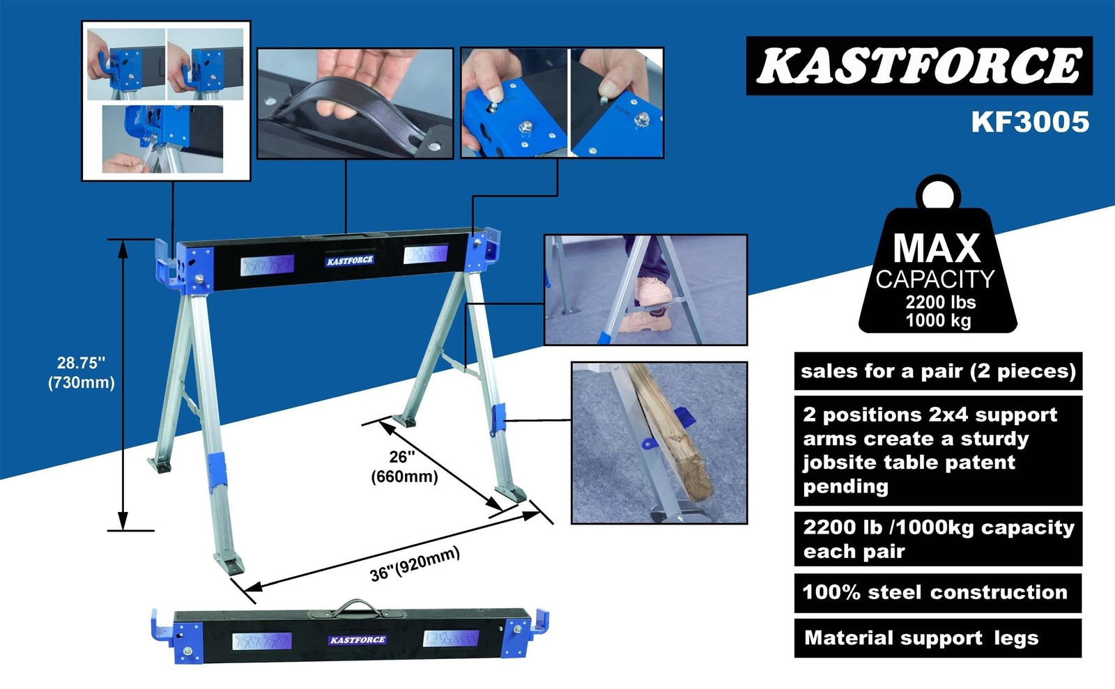 Folding Sawhorse 2200 lb /1000kg capacity Heavy Duty Jobsite Table Stand with…