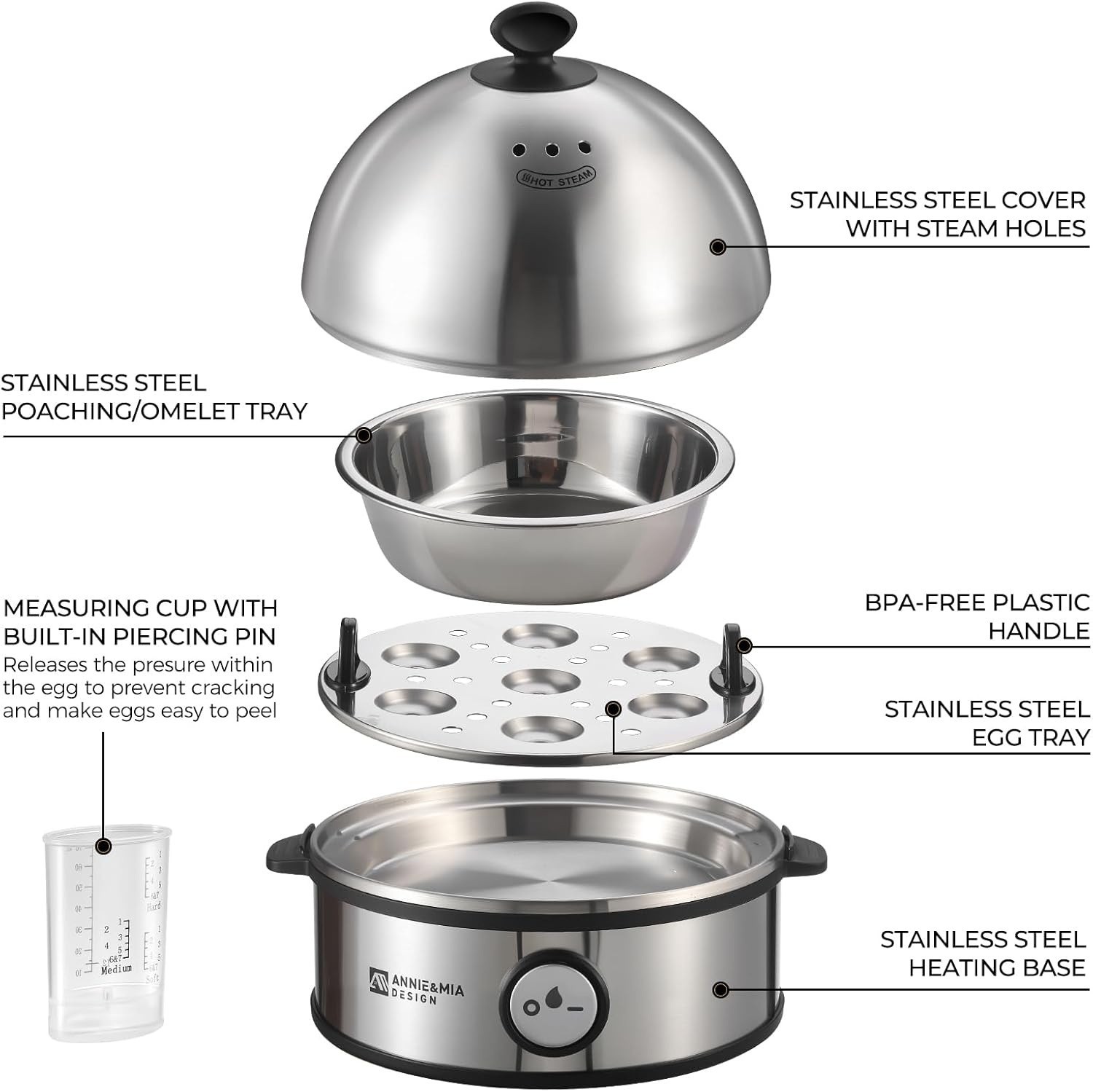 Electric Egg Cooker, All Stainless Steel 7 Egg Capacity Egg Boiler 360W BPA-free