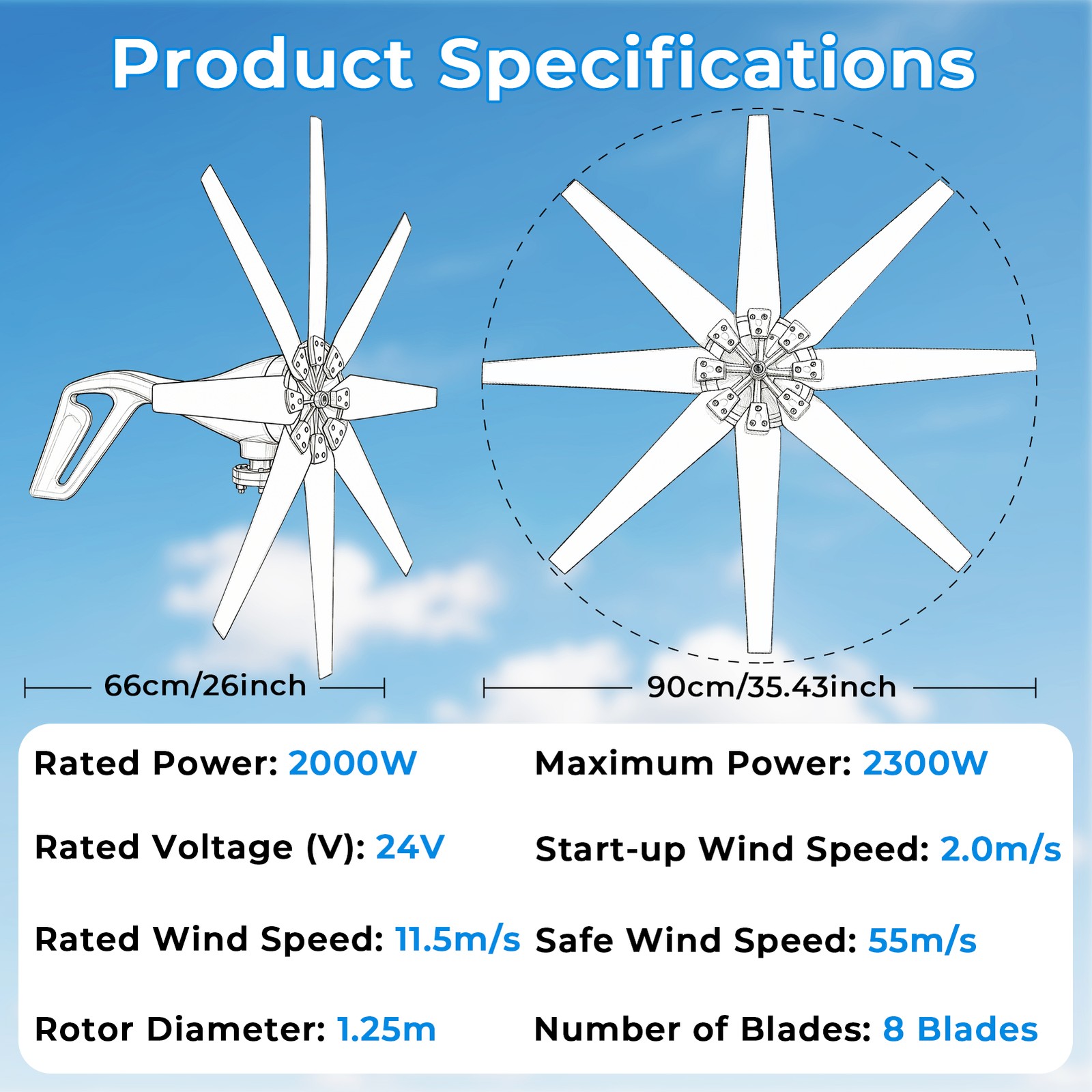 2000W 8 Blades Wind Turbine Generator Kit 24V Windmill w/Controller Home Power