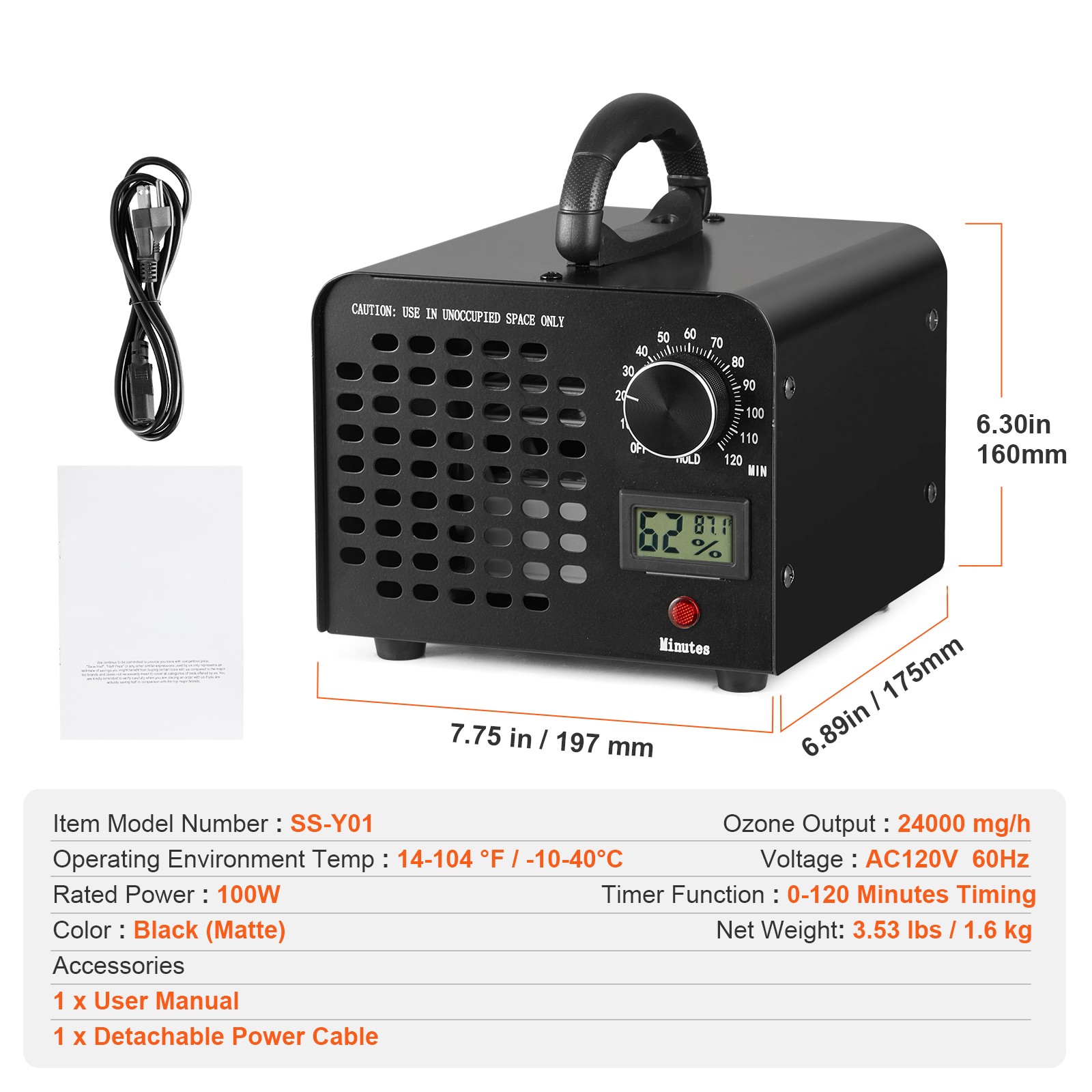 VEVOR 24000mg/h Ozone Generator Machine Air Purifier Ionizer Ozonator Timer Home