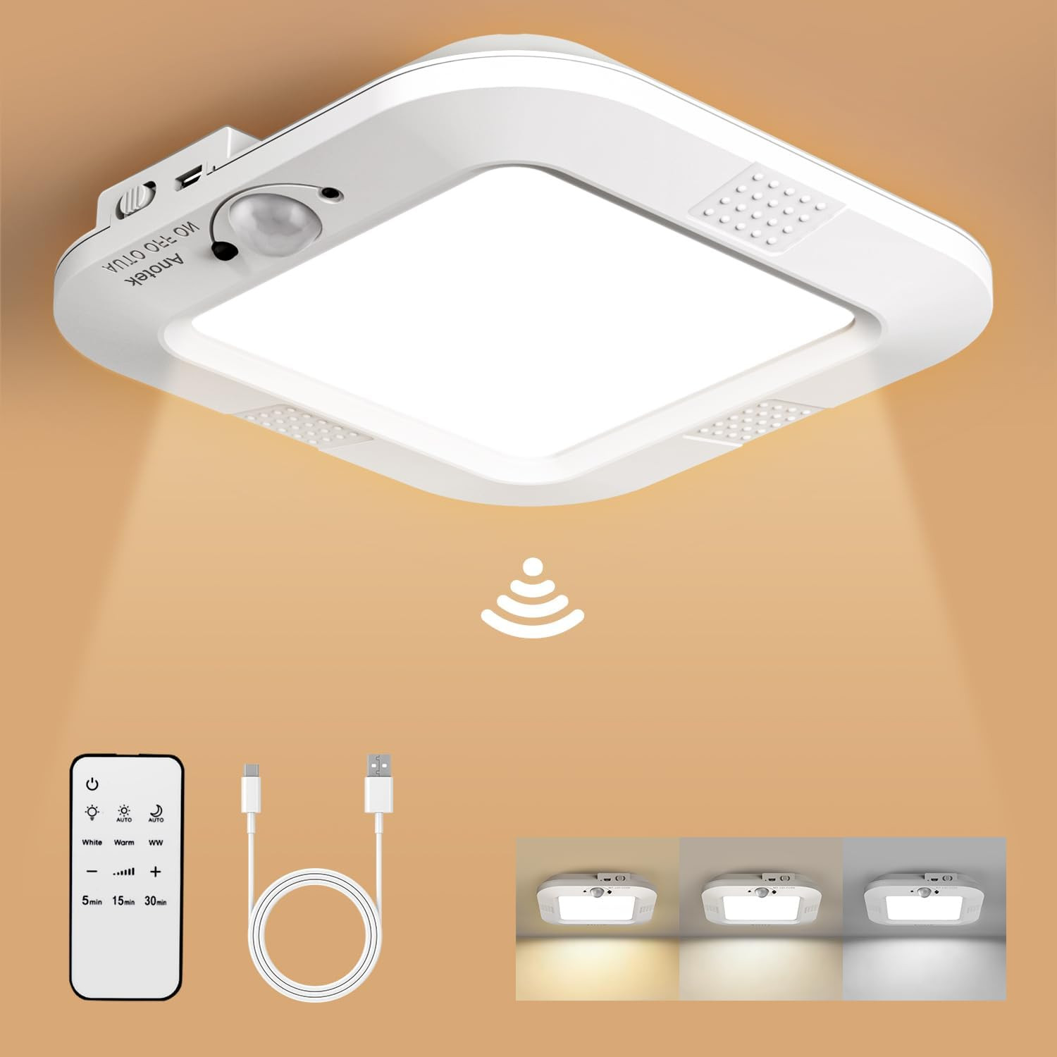 Rechargeable Motion Sensor Ceiling Light，No Wiring Battery Operated Ceiling Ligh
