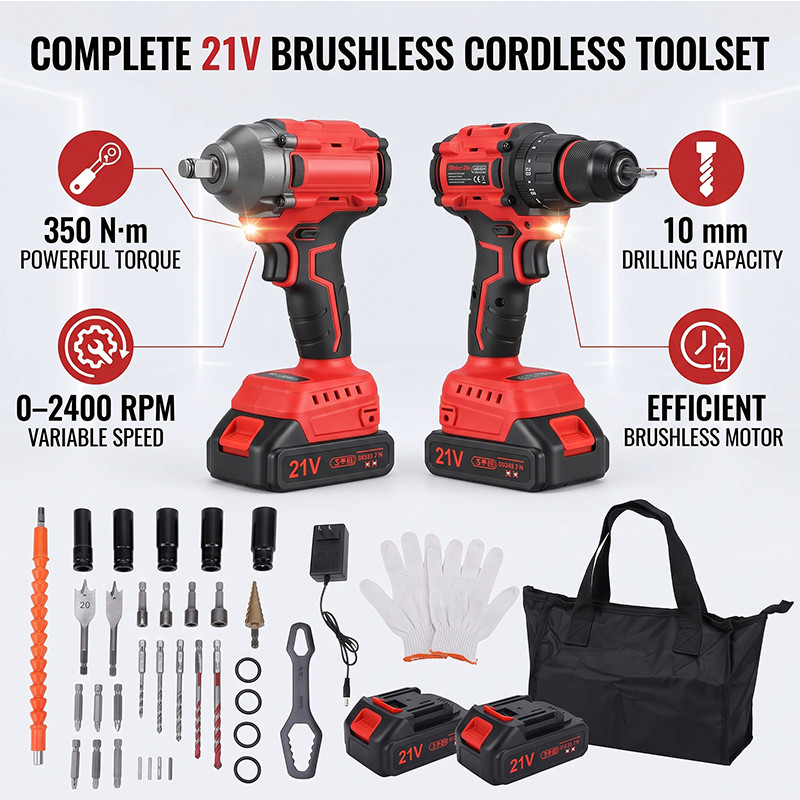 Cordless Impact Wrench and Impact Drill Set Dual 1.3Ah Batteries Speed Adjustabl