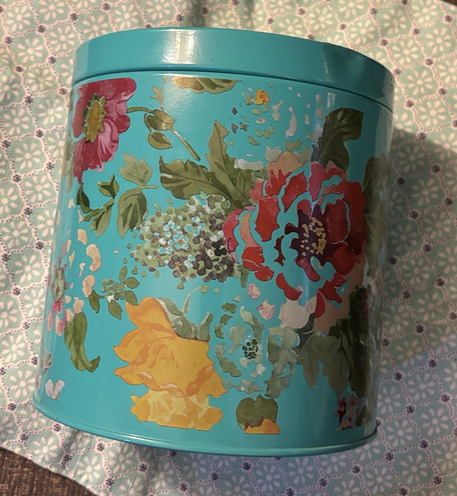 Pioneer Woman COUNTRY GARDEN FLORAL Metal Carbon Steel Canister Teal Large 6.5″