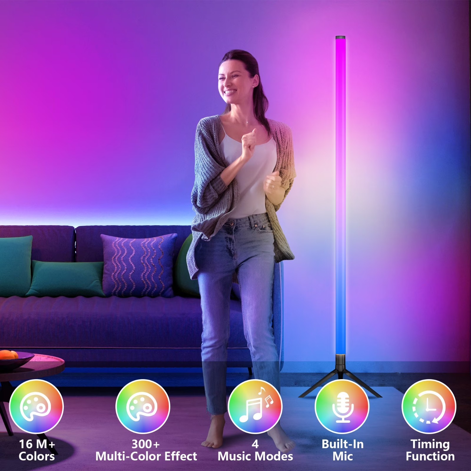 56inch Corner Floor Lamp Color Changing LED Modern Mood With App &Remote Control